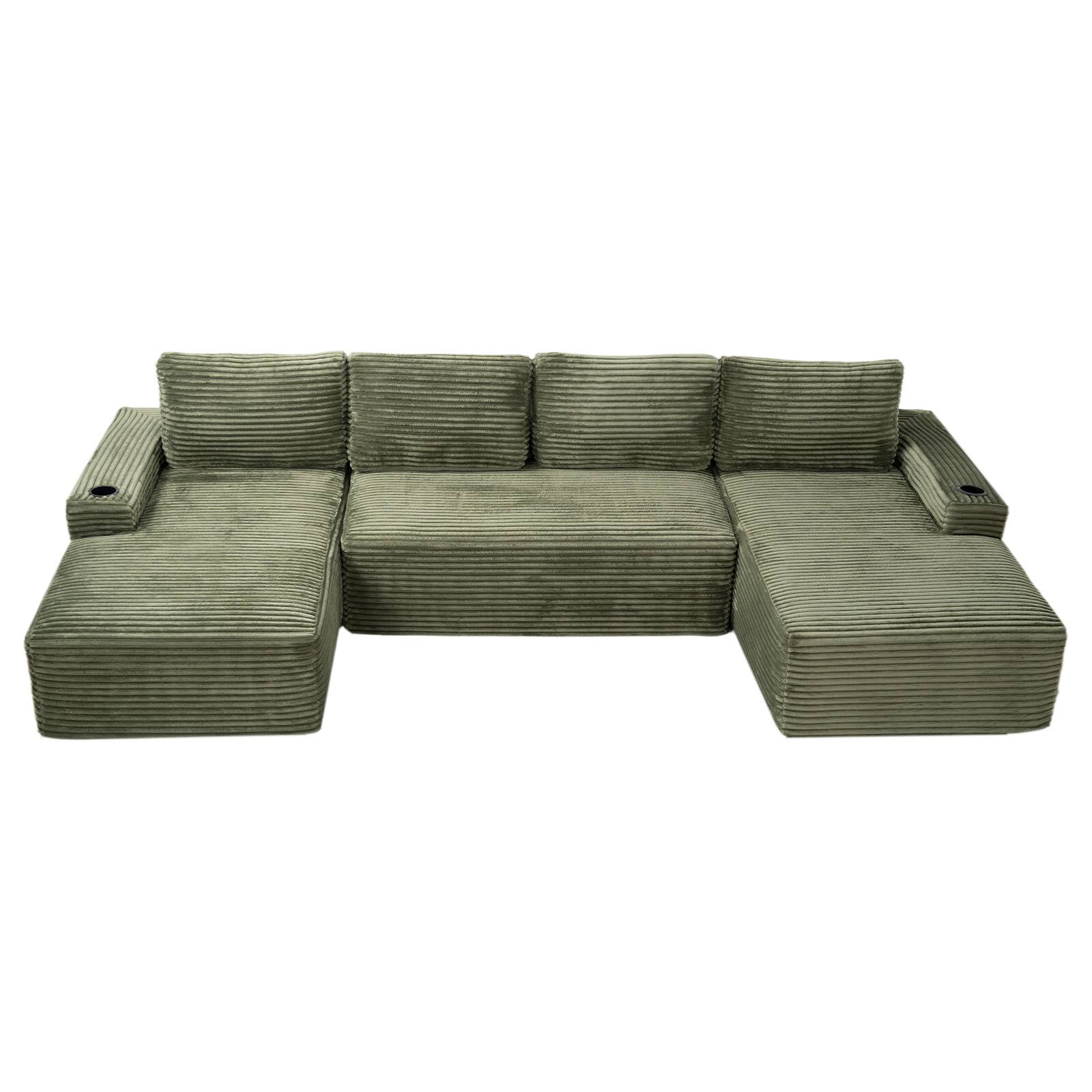 Back. Roomtec - Compressible UShaped Sectional Sofa SetMinimalist Style Modular Sectional Sofa Corduroy Fabric Cloud Couch for Living - Green.