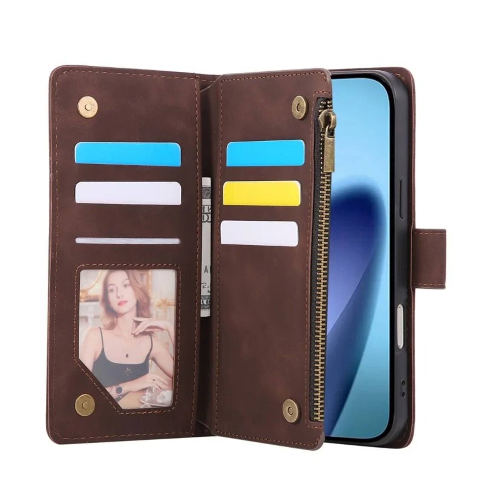 Left. UUCOVER - Wallet Case for Apple iPhone 18 Pro with Card Slots Cash Holder, Zipper Pocket, Wrist & Shoulder Strap, Flip Stand Cover - Coffee.