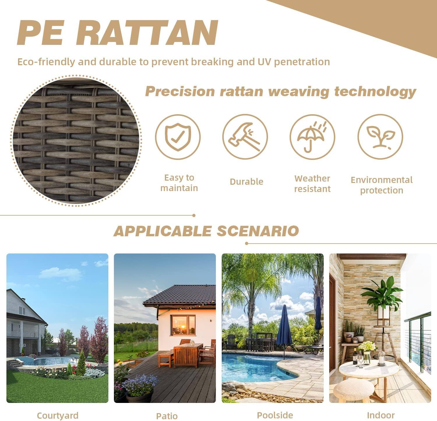 PE RATTAN

Eco-friendly and durable to prevent breaking and UV penetration

Precision rattan weaving technology

- Easy to maintain
- Durable
- Weather resistant
- Environmental protection

APPLICABLE SCENARIO

- Courtyard
- Patio
- Poolside
- Indoor
