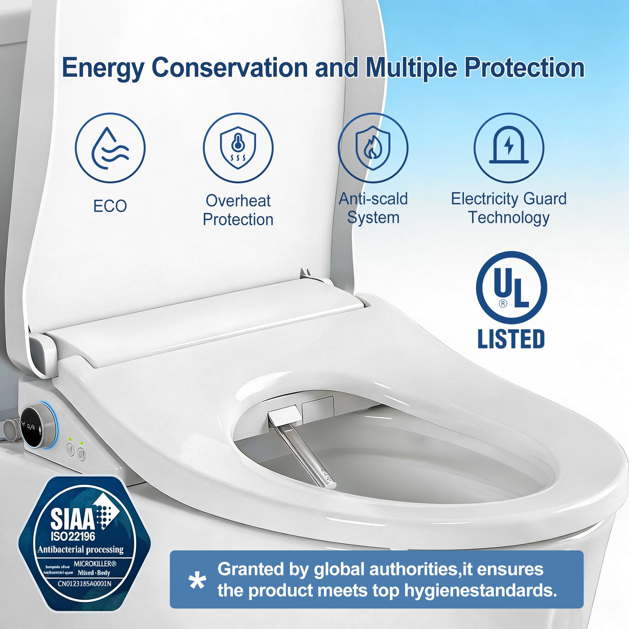 Energy Conservation and Multiple Protection

- ECO
- Overheat Protection
- Anti-scald System
- Electricity Guard Technology

LISTED

SIAA ISO22196 Antibacterial processing MICROKILLERS

Bmpa Mixed Body CN0123185A0001N

Granted by global authorities, it ensures the product meets top hygiene standards.
