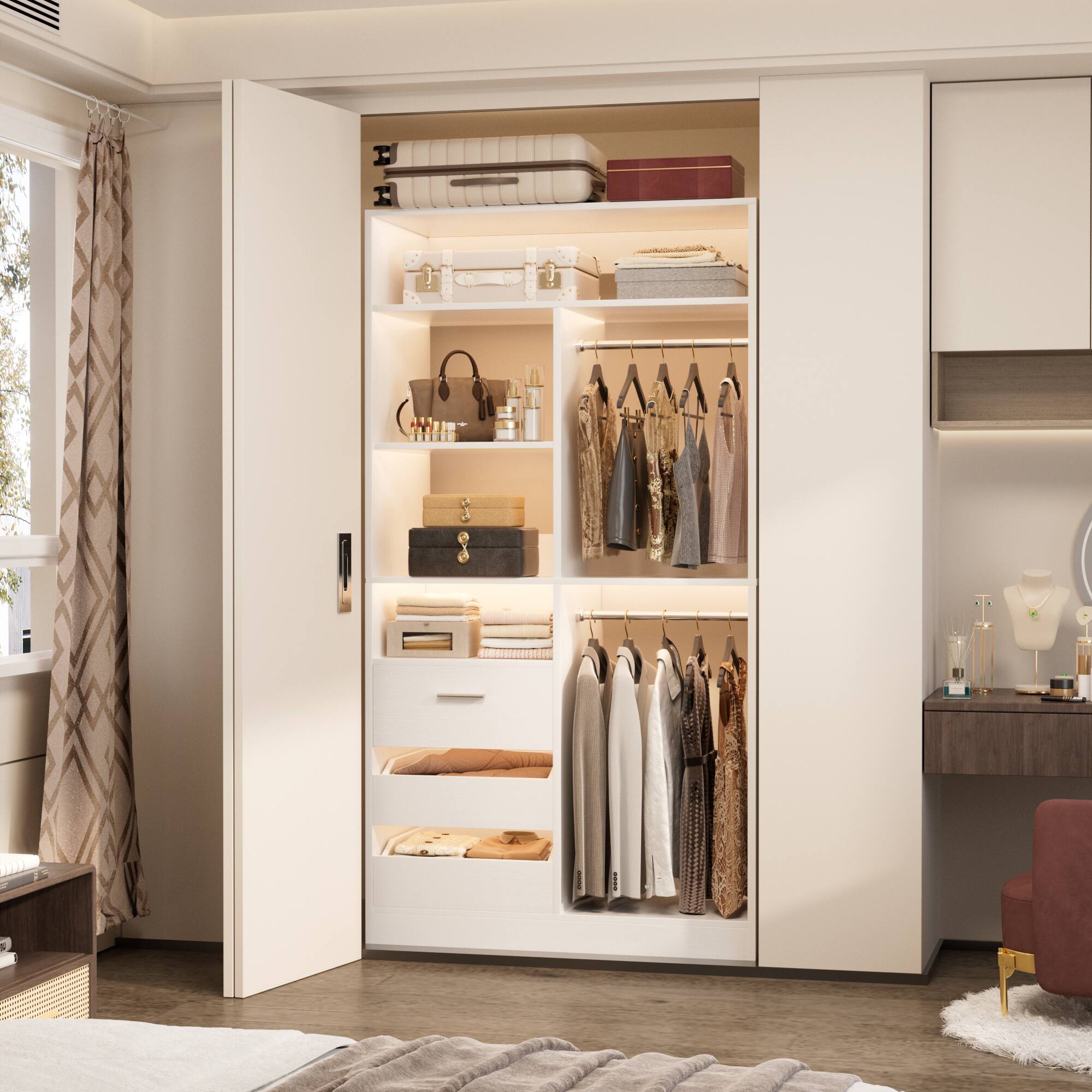 Angle. Aheaplus - 36" Wood Modular Walk-in Freestanding Closet Organizer: Closed/Half-Open Drawers, 6 Shelves (36" L x 15" W x 80" H) - White.