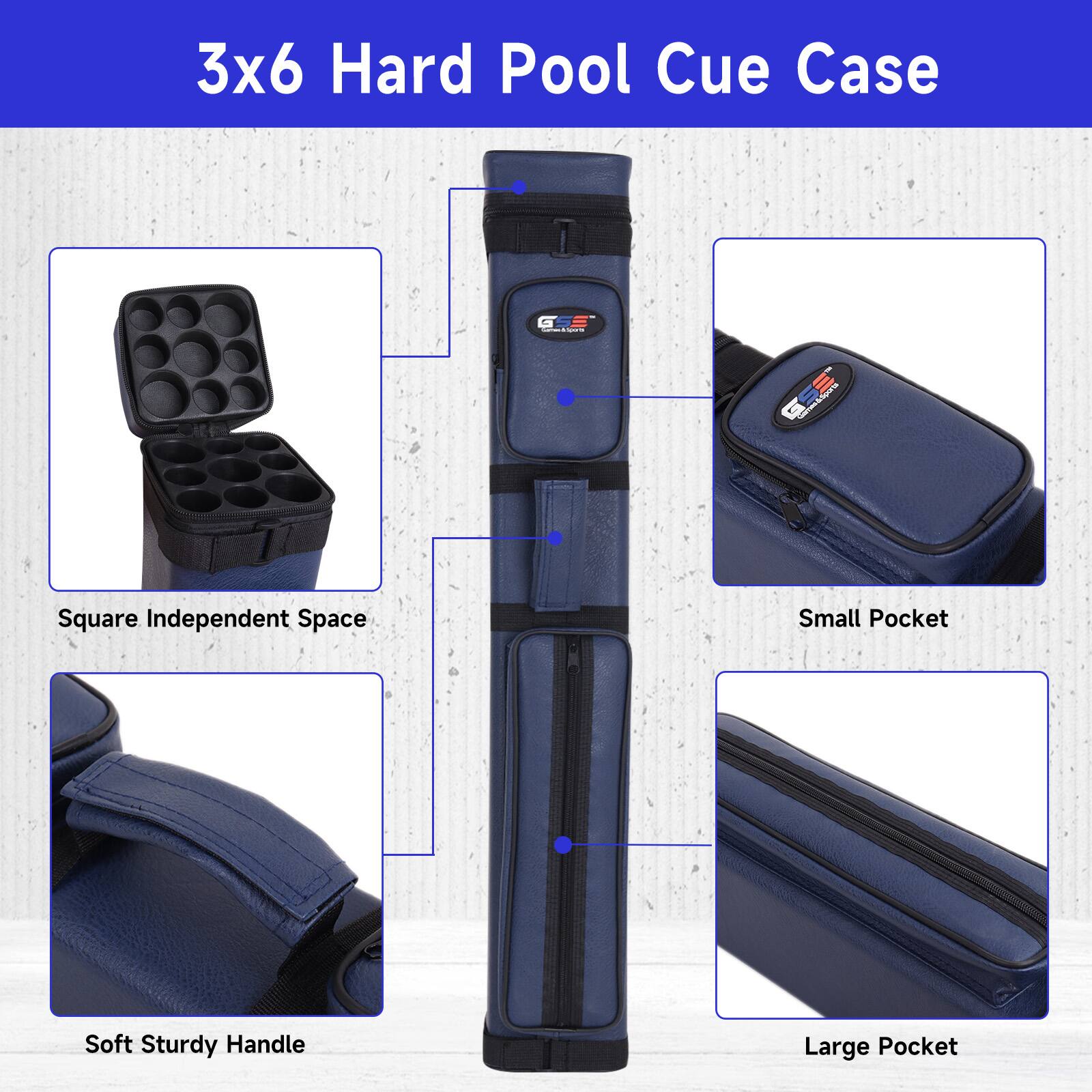 3x6 Hard Pool Cue Case, Square Independent Space, Small Pocket, Soft Sturdy Handle, Large Pocket