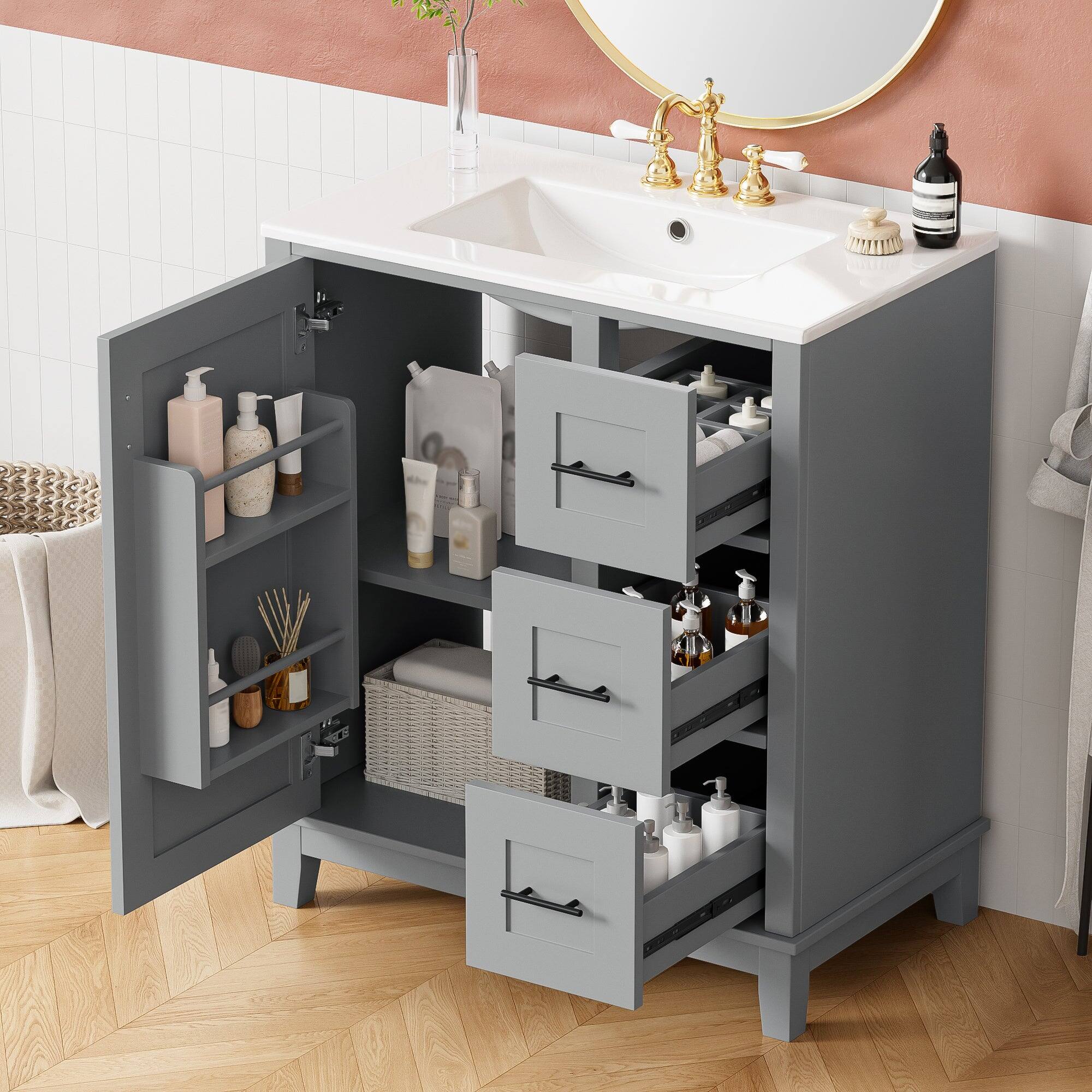 Alt View 5. Boyel Living - 30 Inch Modern Grey Bathroom Vanity with Ceramic Sink Solid Wood Frame and Soft Close Storage - Gray.