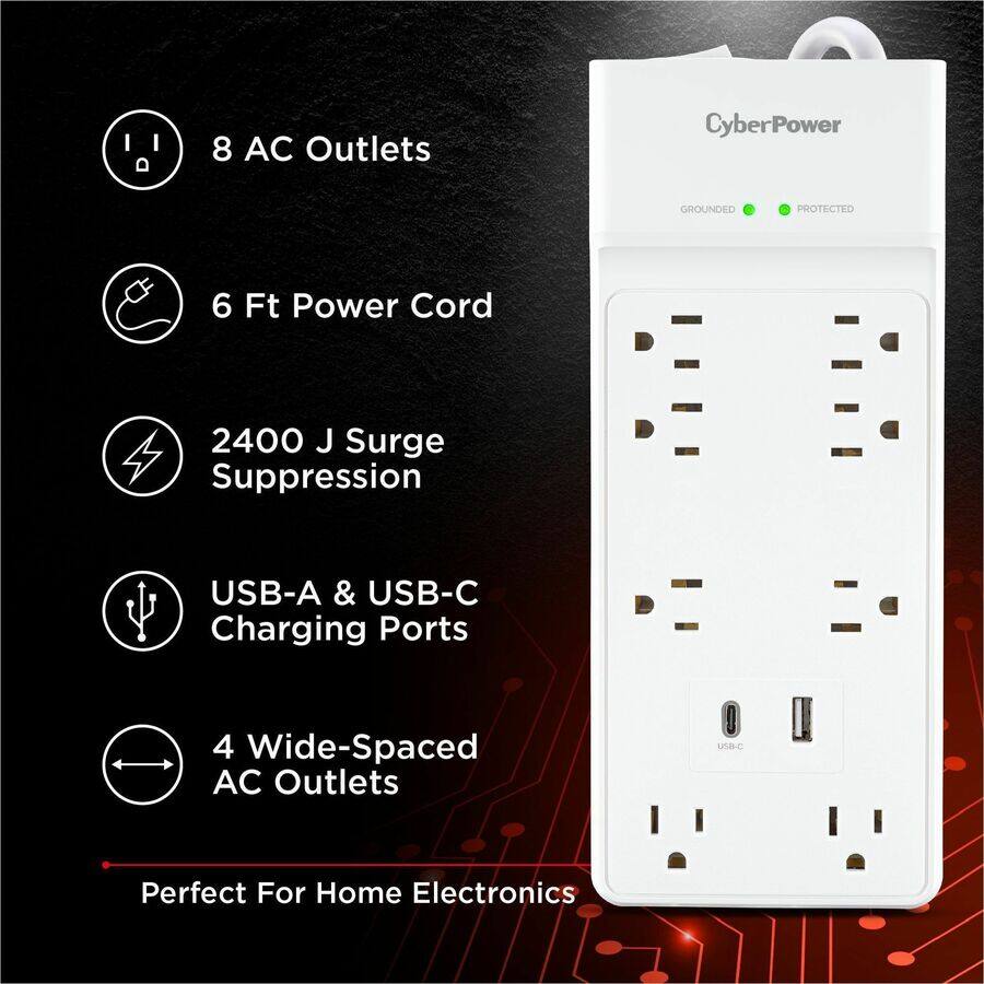 8 AC Outlets  
CyberPower  
GROUNDED  
PROTECTED  
6 Ft Power Cord  
2400 J Surge Suppression  
USB-A & USB-C Charging Ports  
4 Wide-Spaced AC Outlets  
USB-C  
Perfect For Home Electronics