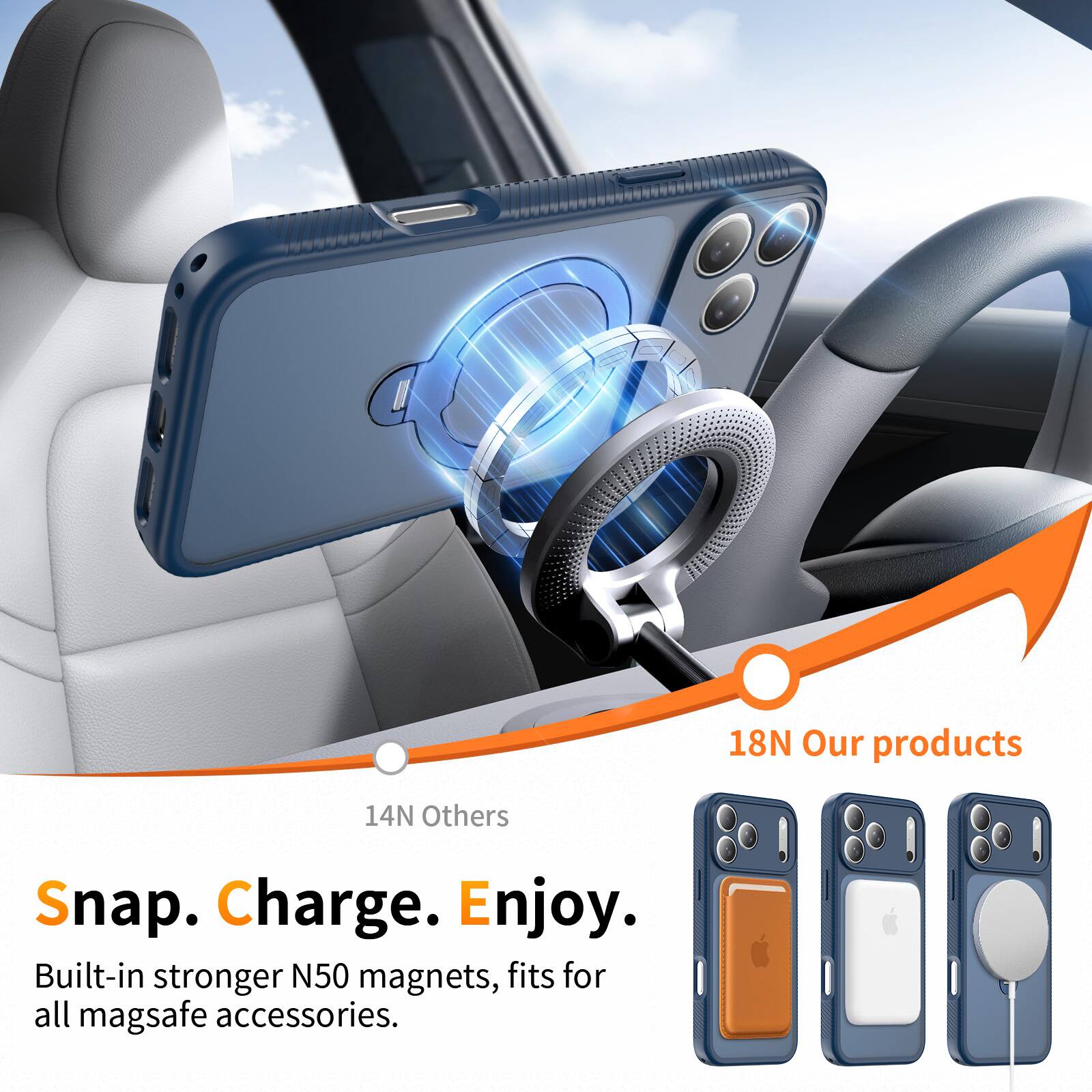 18N Our products  
14N Others  

Snap. Charge. Enjoy.  

Built-in stronger N50 magnets, fits for all mag safe accessories.