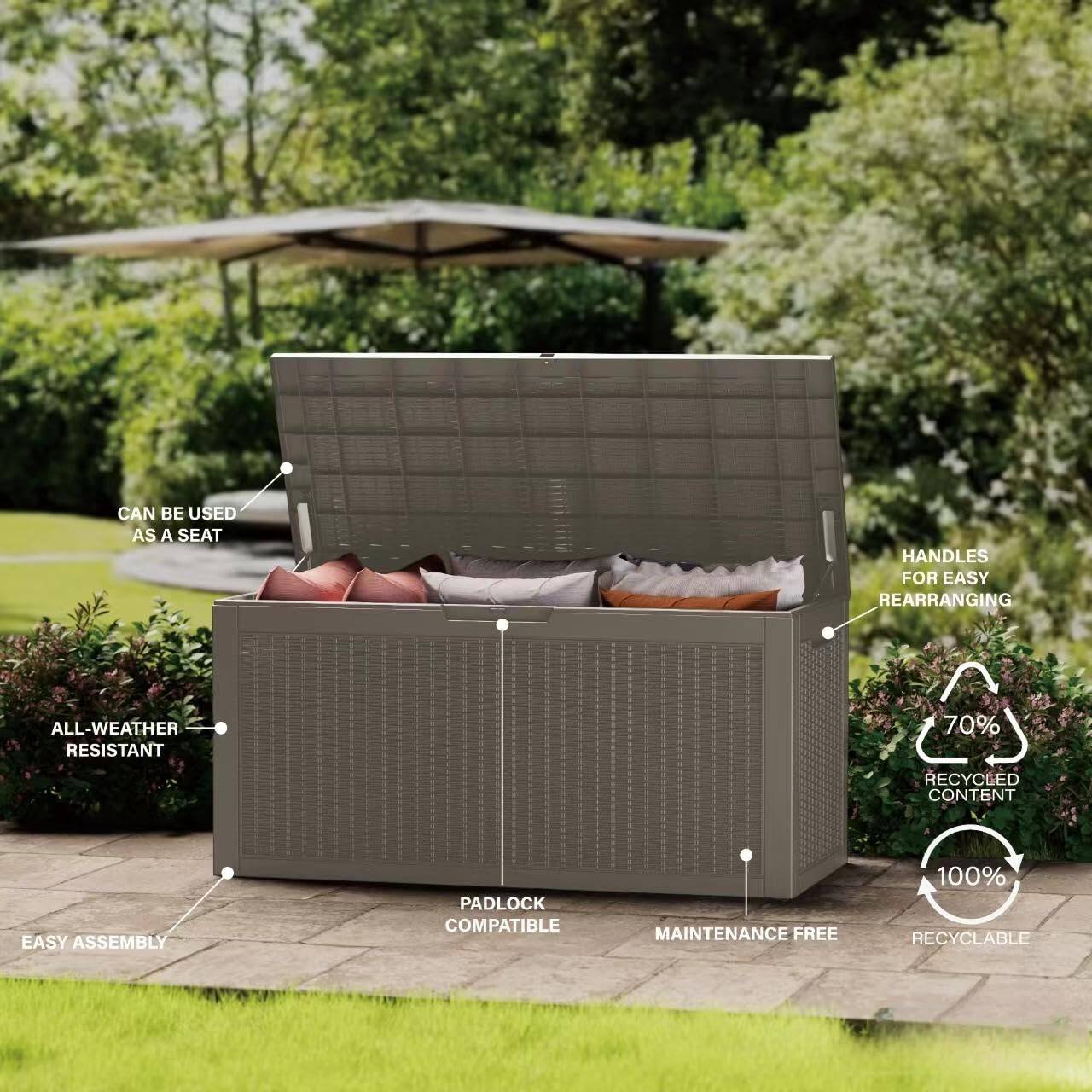 - Can be used as a seat
- Handles for easy rearranging
- All-weather resistant
- Easy assembly
- Padlock compatible
- Maintenance free
- 70% recycled content
- 100% recyclable