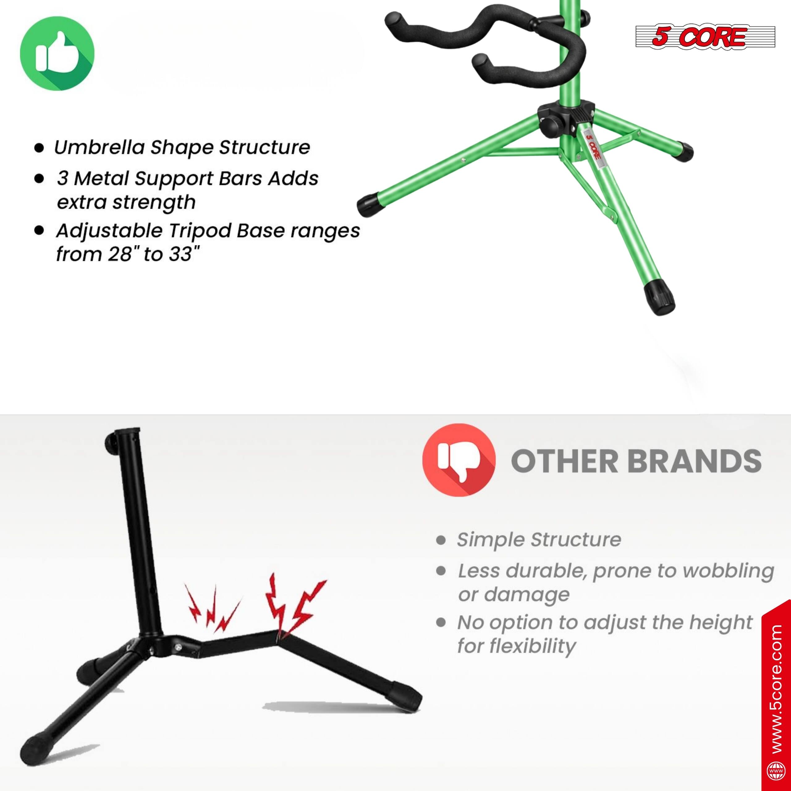 5 CORE

Umbrella Shape Structure  
3 Metal Support Bars Adds extra strength  
Adjustable Tripod Base ranges from 28" to 33"

CORE

OTHER BRANDS  
Simple Structure  
Less durable, prone to wobbling or damage  
No option to adjust the height for flexibility  

www.5core.com