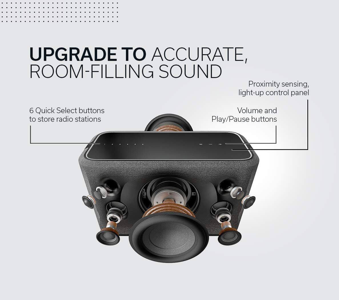 UPGRADE TO ACCURATE, ROOM-FILLING SOUND

- Proximity sensing, light-up control panel
- 6 Quick Select buttons to store radio stations
- Volume and Play/Pause buttons