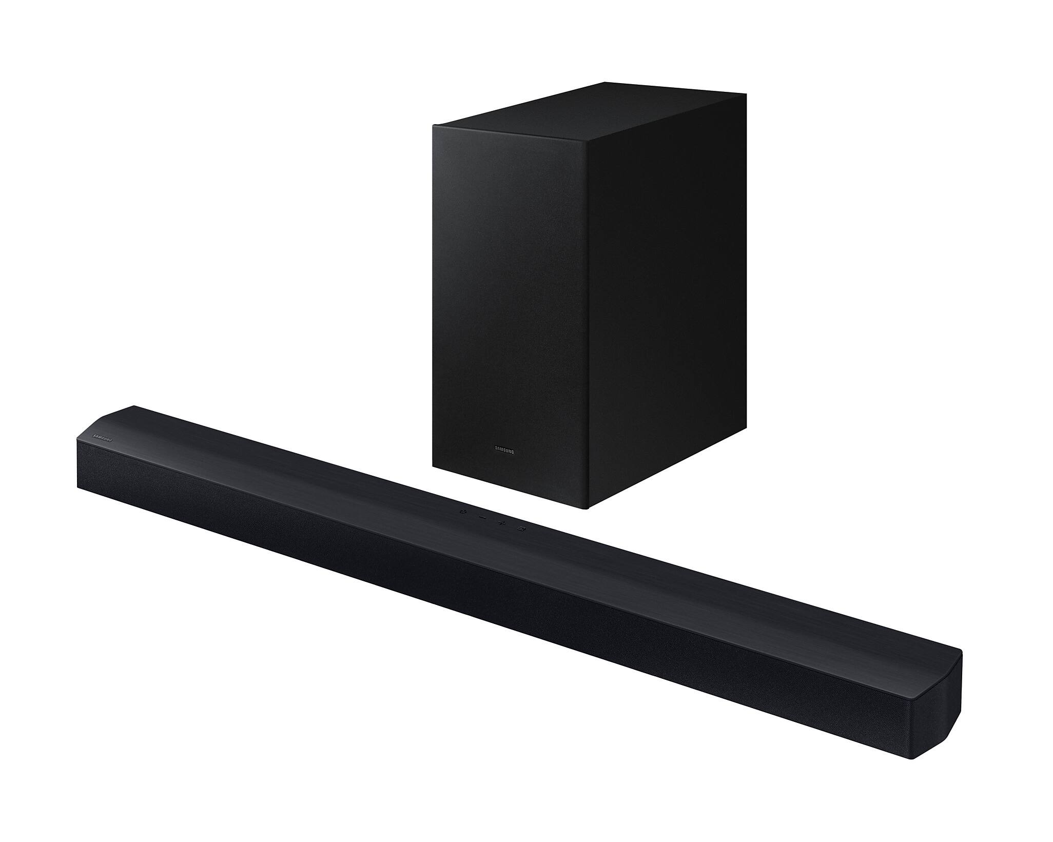 Angle. Samsung - 2.1 Ch Soundbar w/ Wireless Subwoofer HW-C43C, 270W, Dolby Audio, DTS Virtual:X, Voice Enhance Mode, Adaptive Sound Lite - Black.