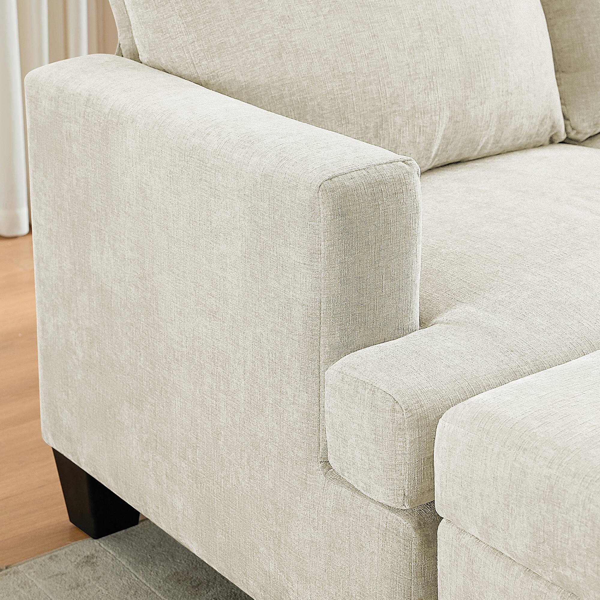 Angle. KERDOM - 3 Seat Sofa for Living Room, L-Shaped Chenille Couch with Deep Seat, Storage Ottoman, Sectional Couch with Chaise Longue - Beige + 3 Ottomans.