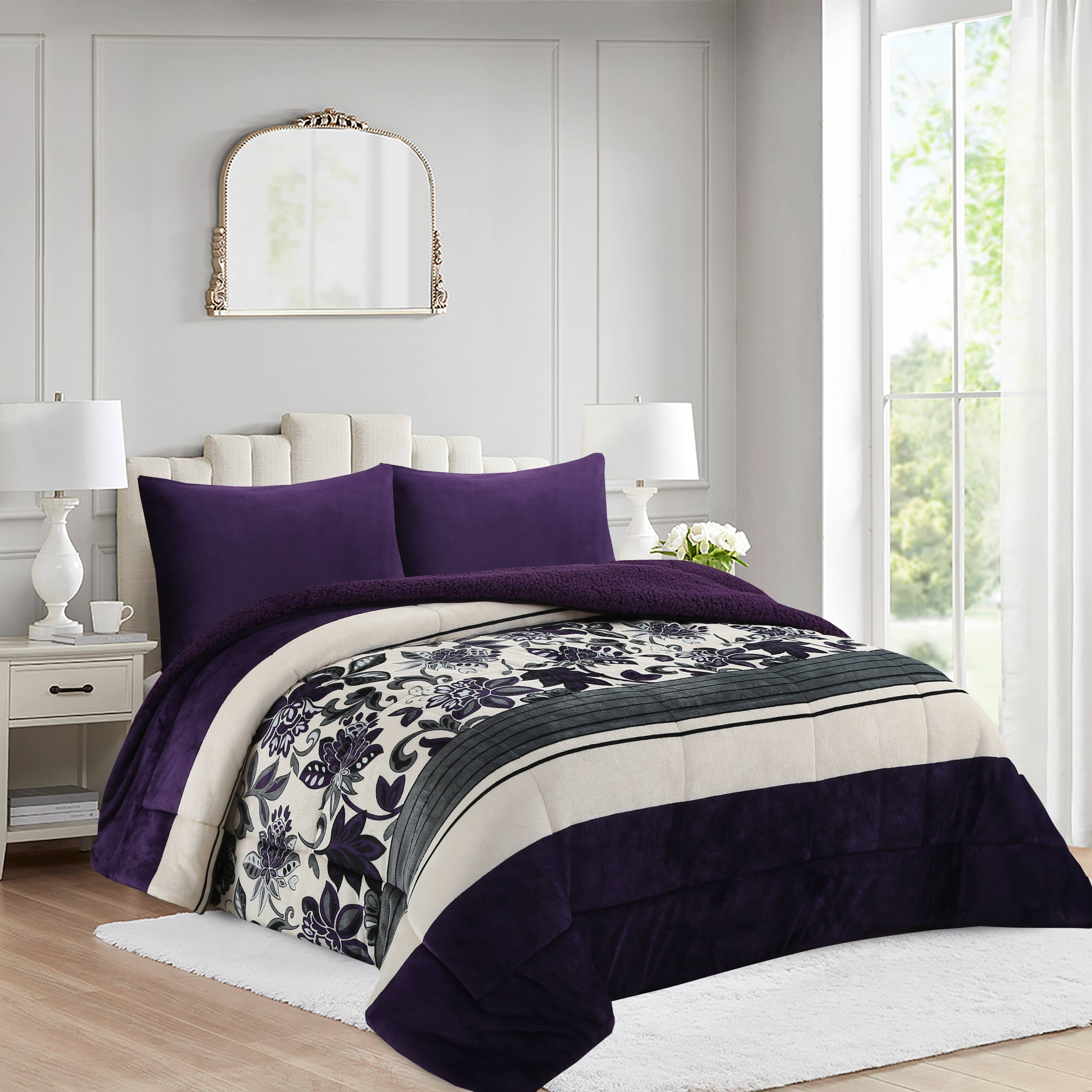 Back. MarCielo - Marcielo 3 Piece Micromink Sherpa Comforter Set Fluffy Ultra Cozy Comforter - Purple.