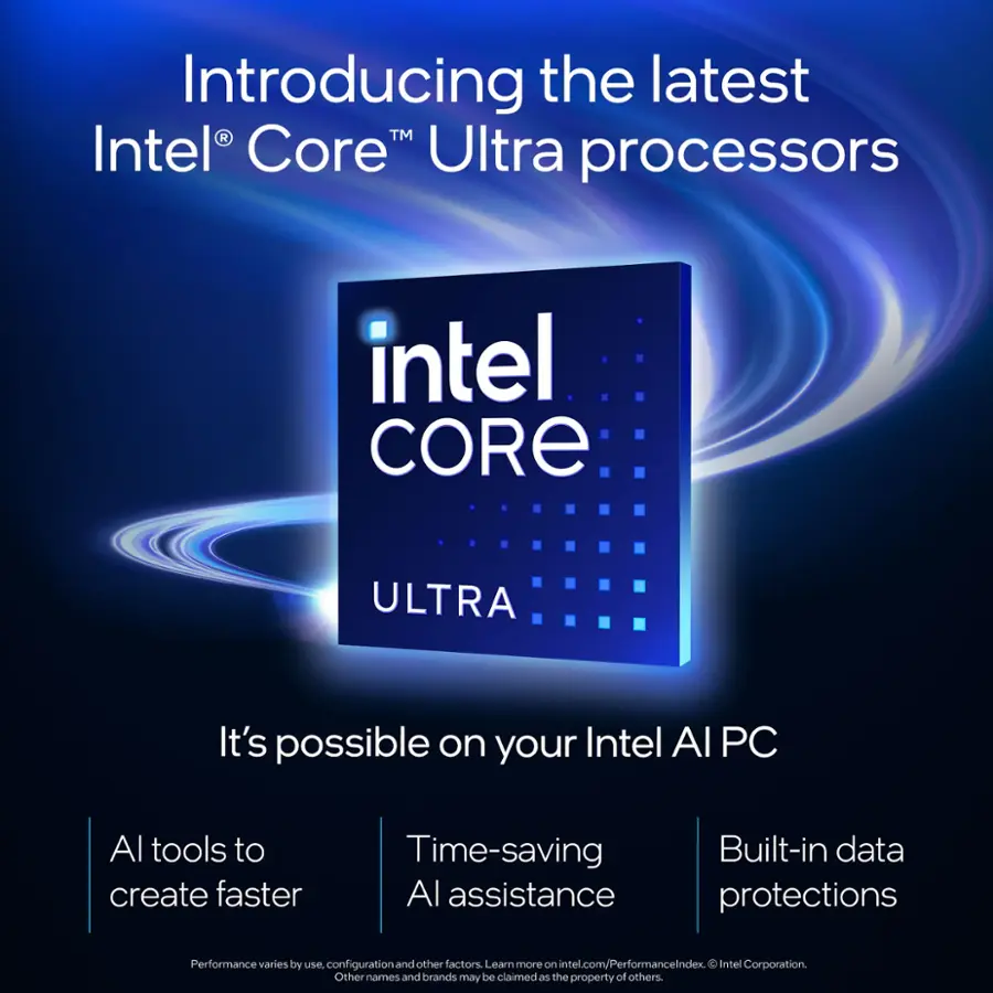 Introducing the latest Intel Core Ultra processors. It's possible on your Intel Al PC. Al tools to create faster, time-saving Al assistance. Built-in data protections. Performance varies by use, configuration, and other factors. Learn more on intel.com/PerformanceLndex. 00 Intel Corporation. Other names and brands may be claimed as the property of others.