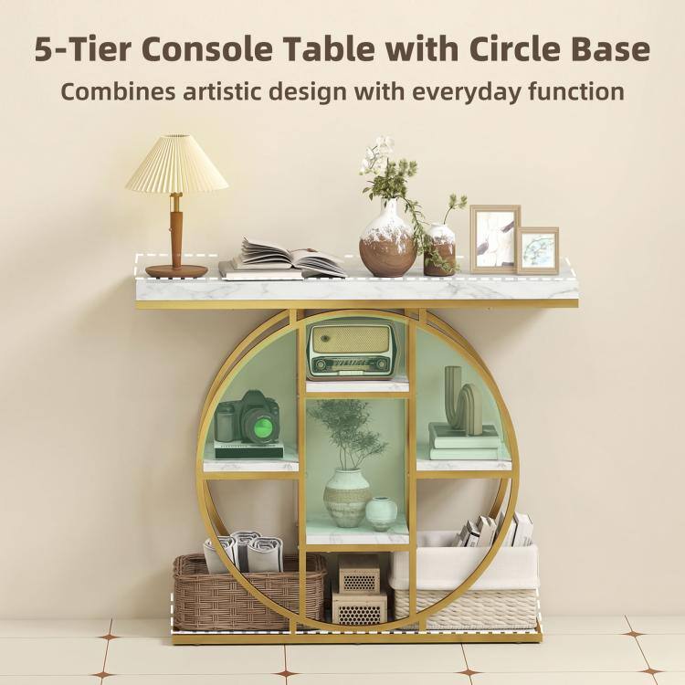 5-Tier Console Table with Circle Base  
Combines artistic design with everyday function