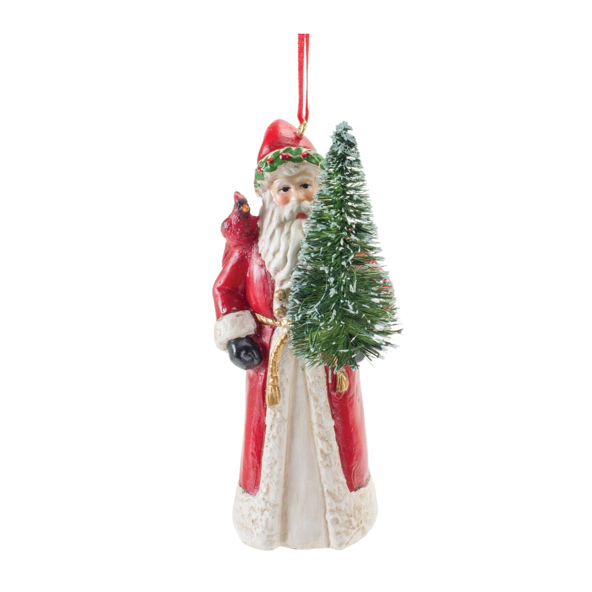 Back. BreeBe - Santa with Cardinal Bird Ornament (Set of 6) - Red, Green, White.