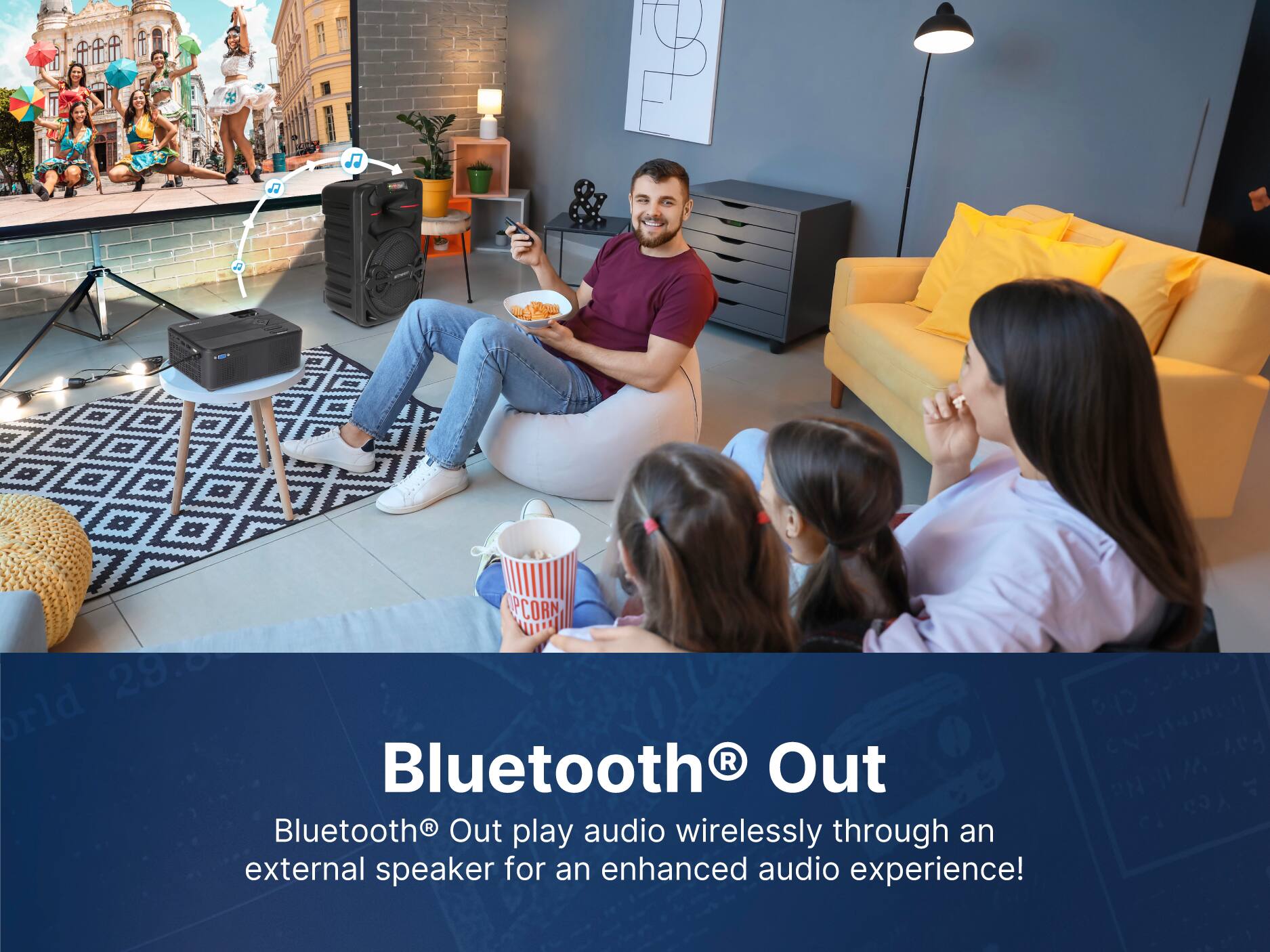 J J de  2 - PCORN NIT 29.8 Cho orld y  Bluetooth Out play audio wirelessly through an external speaker for an enhanced audio experience!