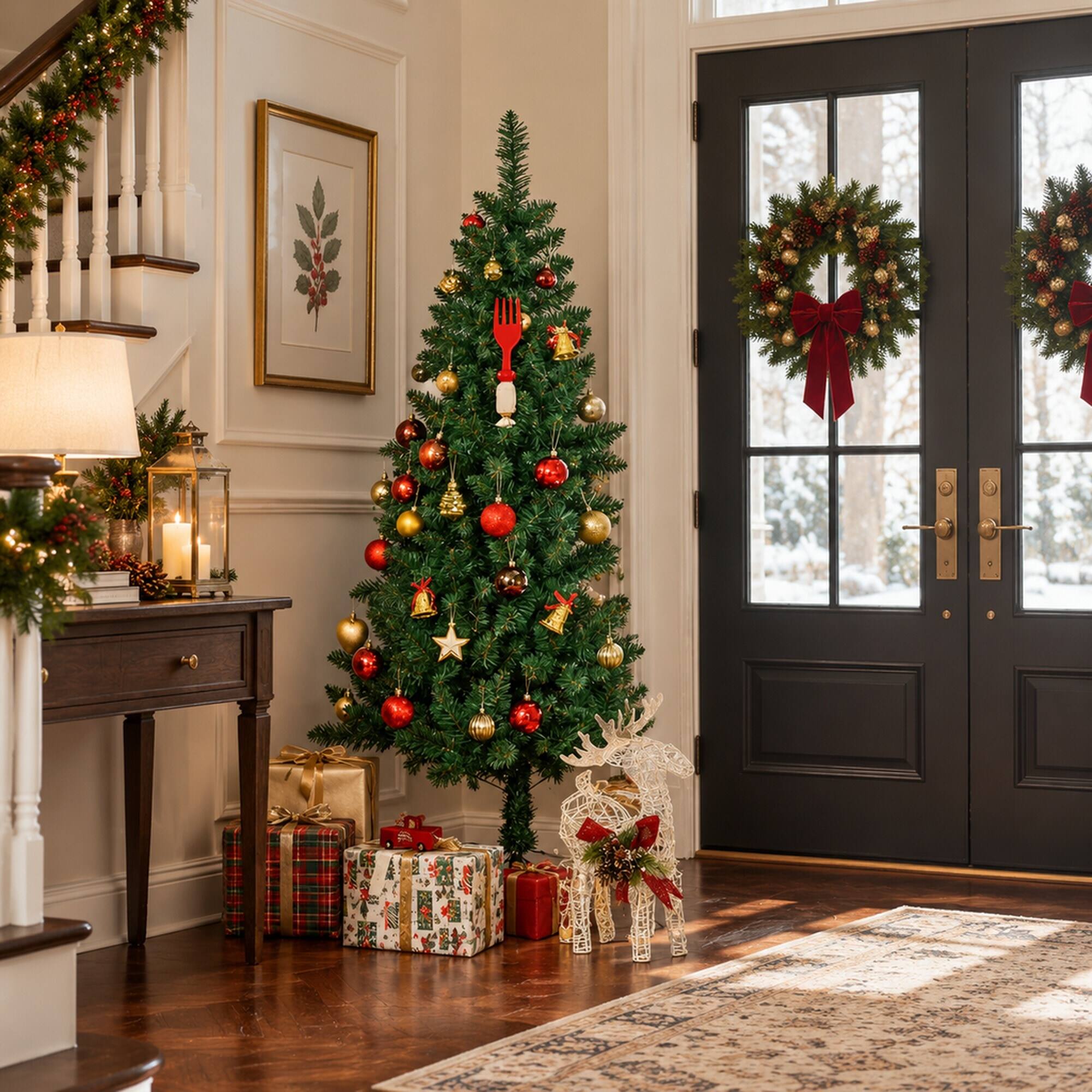 Alt View 2. RYHNUYNE - Artificial Half Christmas Tree With Auto Open and Steel Base for Indoor Decor - Green.