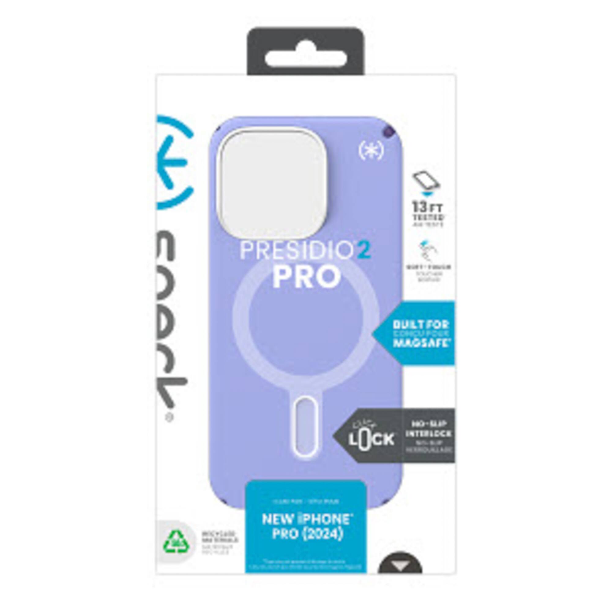 Presidio2 Pro is a protective case for the new iPhone Pro (2024). It is designed to withstand drops and impacts, and it features a built-in screen protector and a locking mechanism to secure the device. The case is available in a purple color and is compatible with MagSafe technology.