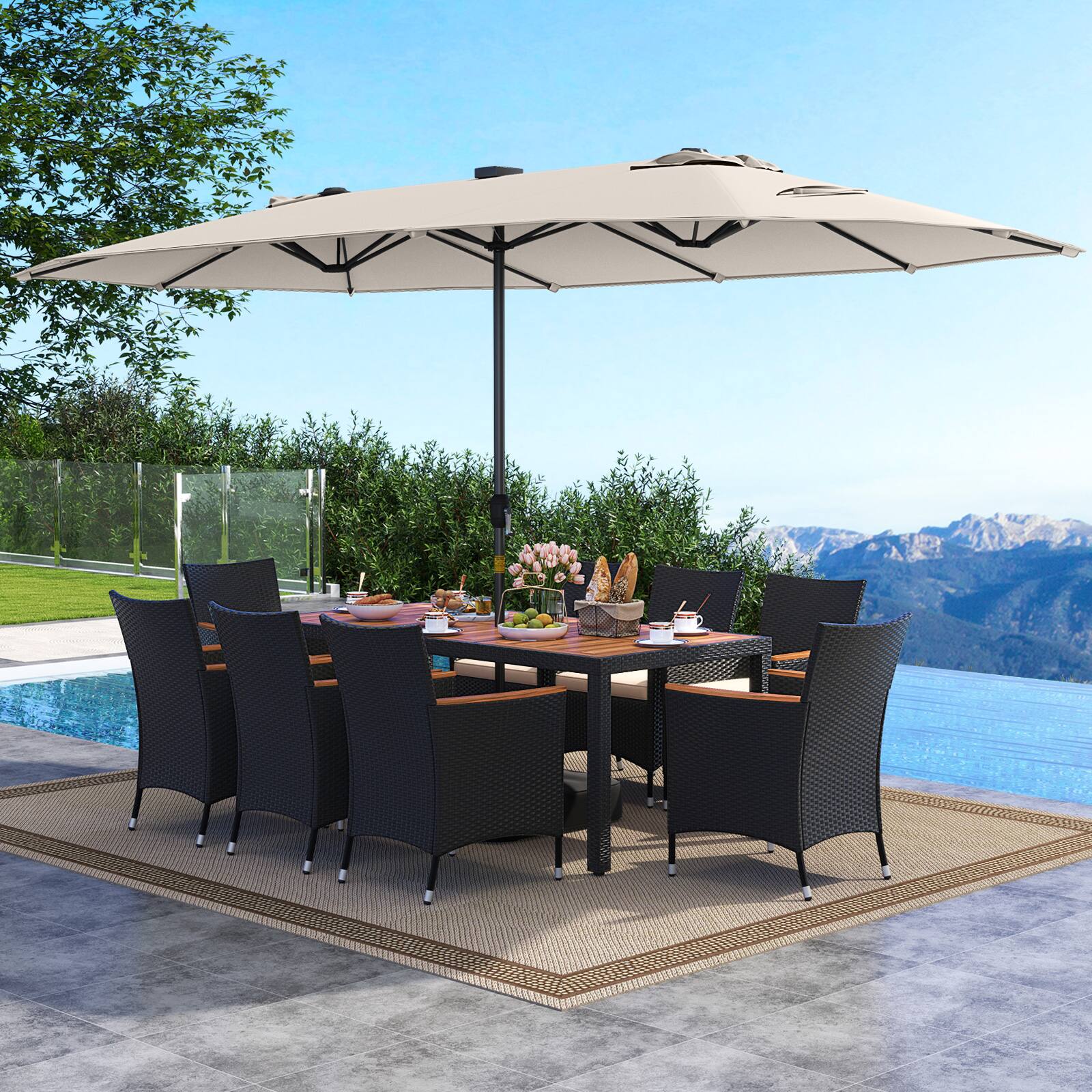 Alt View 1. Gymax - Gymax Set Of 11 Patio Dining Set w/ 15ft Double-Sided Patio Umbrella (Base Included) Beige - Beige.