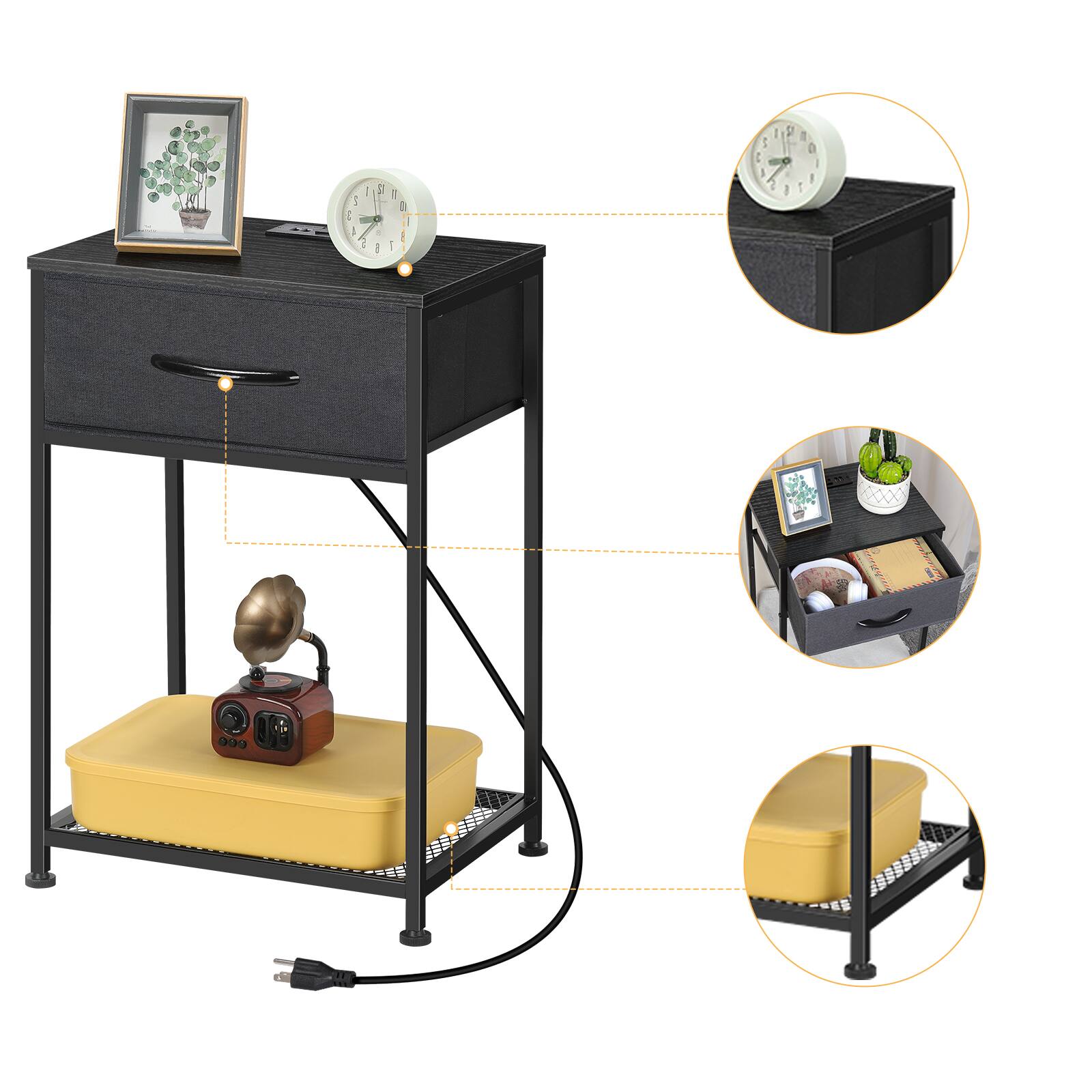 Back. Oumilen - Set of 2 Black End Tables with Fabric Drawer, Mesh Shelf & Charging Station - Black.