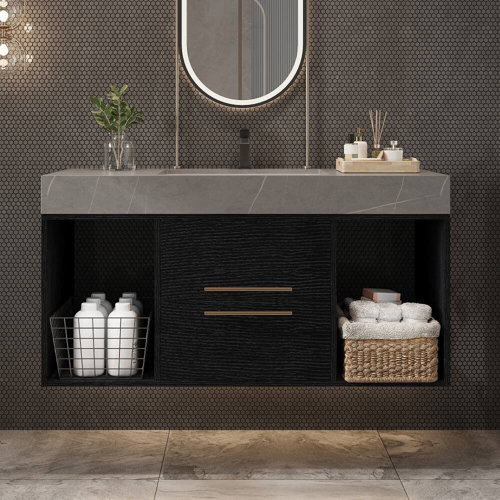 Angle. Loheer - Loheer 39.4 inch floating bathroom vanity Black Wall Mounted Vanity with Sintered Stone Top Ceramic Sink - Black, Gray.