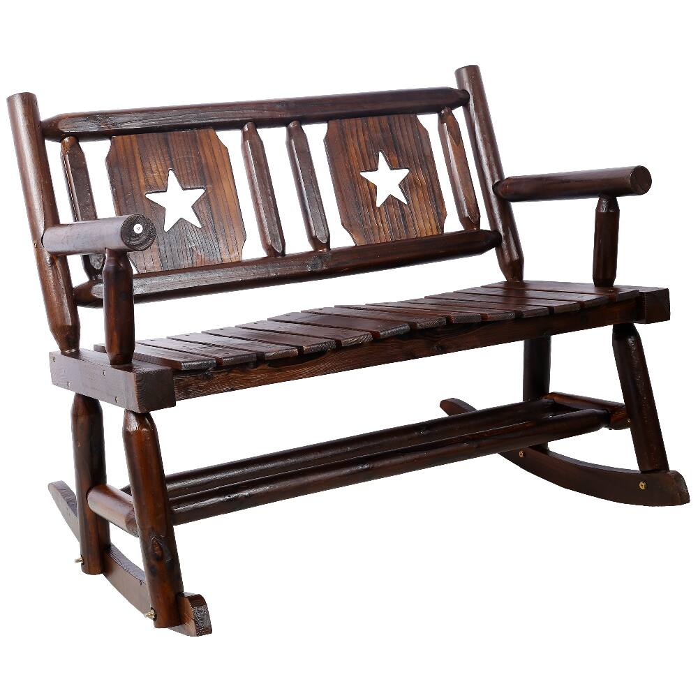 Alt View 2. Loheer - Loheer Outdoor Wood Rocking Bench, Carbonized Double Rocking Chair, Rustic Brown Porch Rocker - Rustic Brown.
