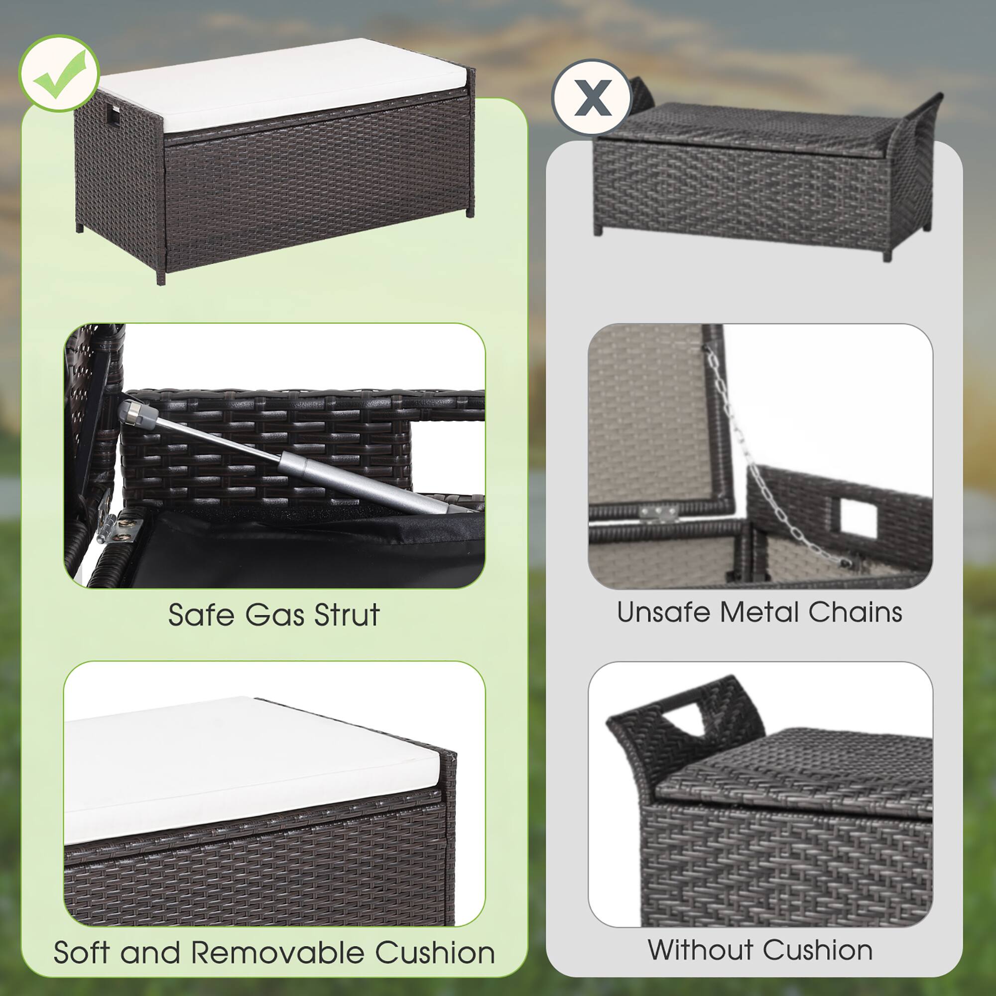 - Safe Gas Strut
- Soft and Removable Cushion
- Unsafe Metal Chains
- Without Cushion