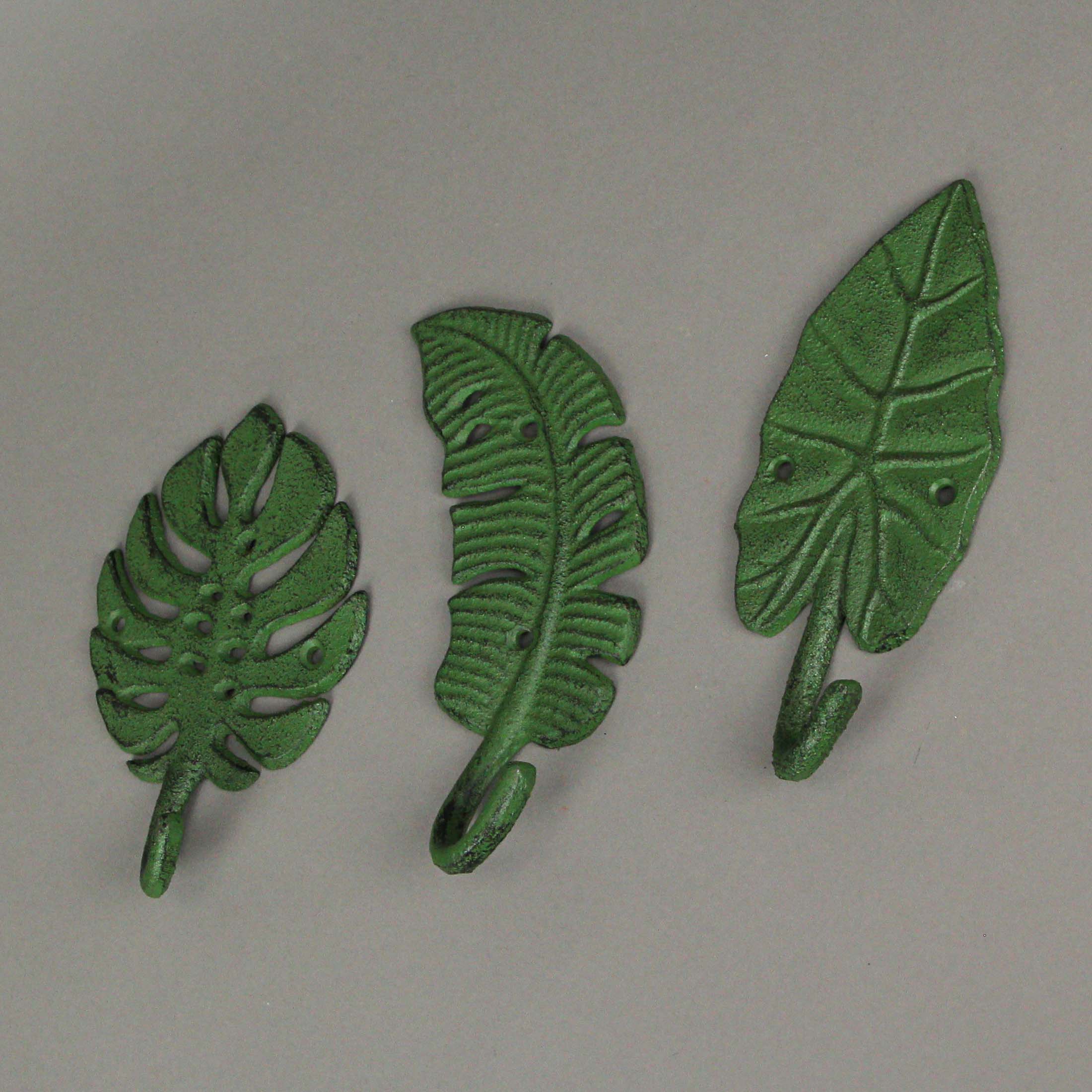 Alt View 3. Zeckos - Set of 3 Cast Iron Green Tropical Leaf Decorative Wall Hooks Towel Hanger Rack - Green.
