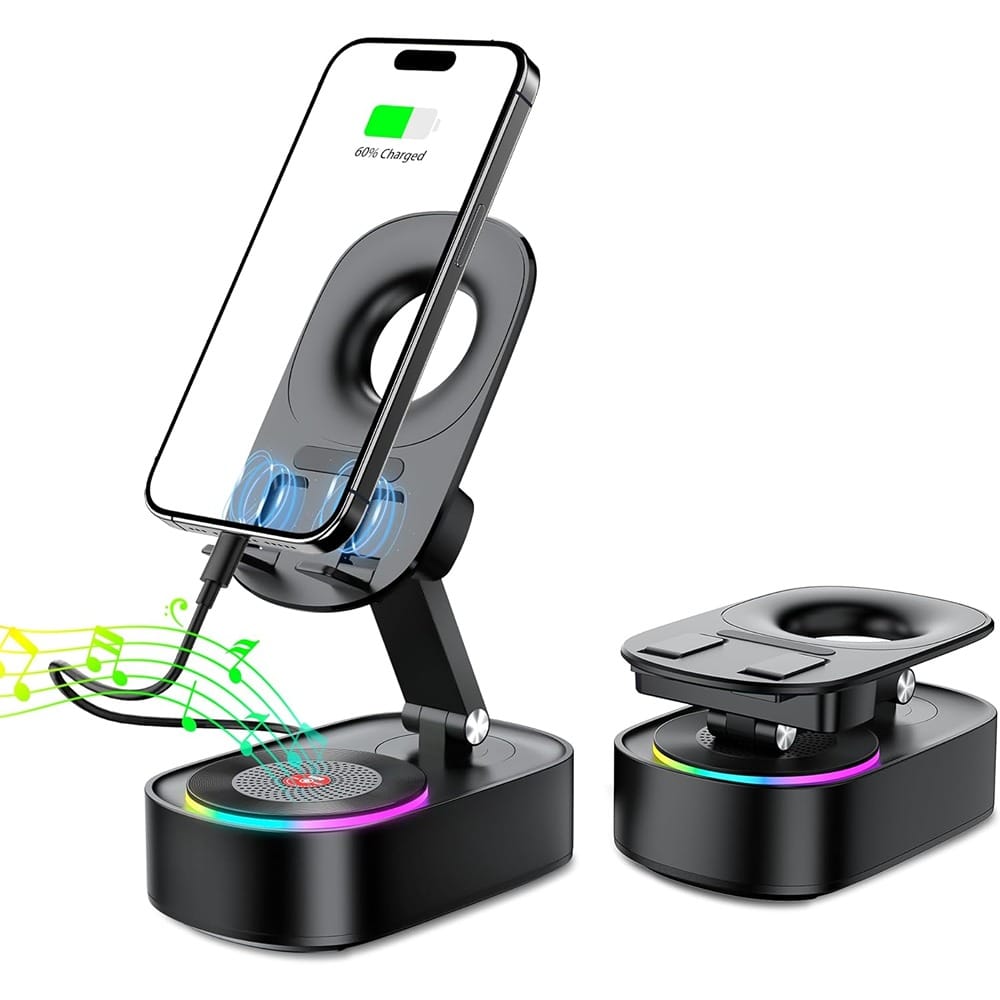 ACJPR - Wireless Induction Speaker with Phone Stand, 5-in-1 iPhone Holder, Colorful Lights & Rechargeable