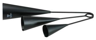 Front. Tycoon Percussion - TGO-TRI Tri Agogo Bell, features high, middle, & low-pitched bells, constructed From steel with black powder coating.