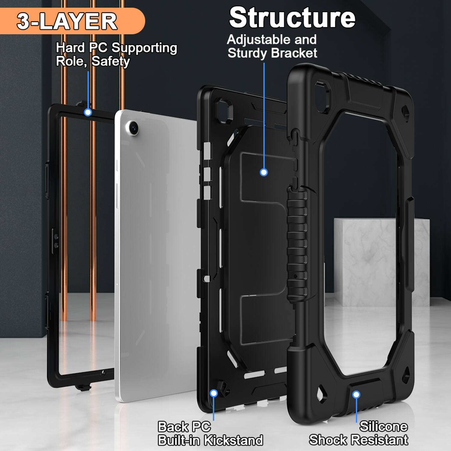 3-LAYER Structure Adjustable and Sturdy Bracket

- Hard PC Supporting Role, Safety
- Back PC Built-in Kickstand
- Silicone Shock Resistant