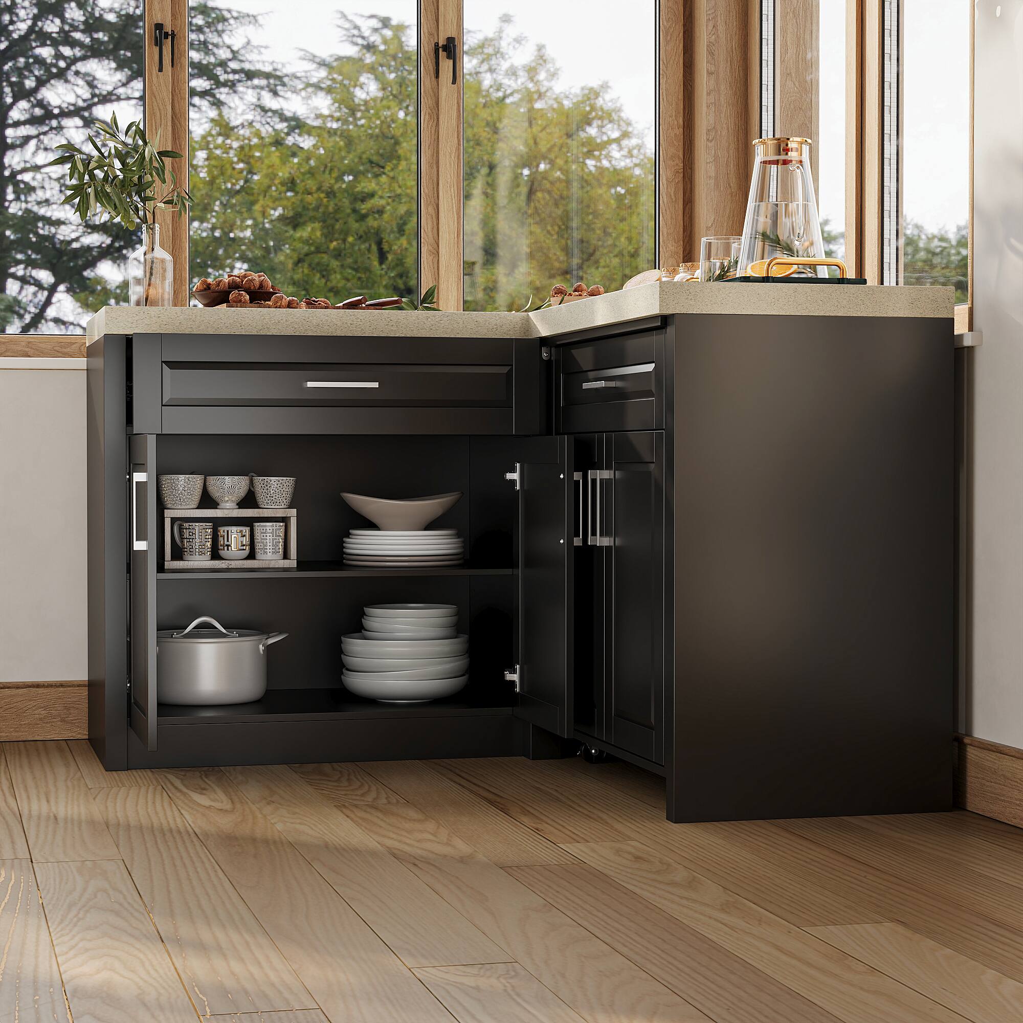 Alt View 2. FUFU&GAGA - FUFU&GAGA L - Shaped Sideboards Kitchen Storage Cabinet Space - Saving Organization Pantry Cabinet - Black.