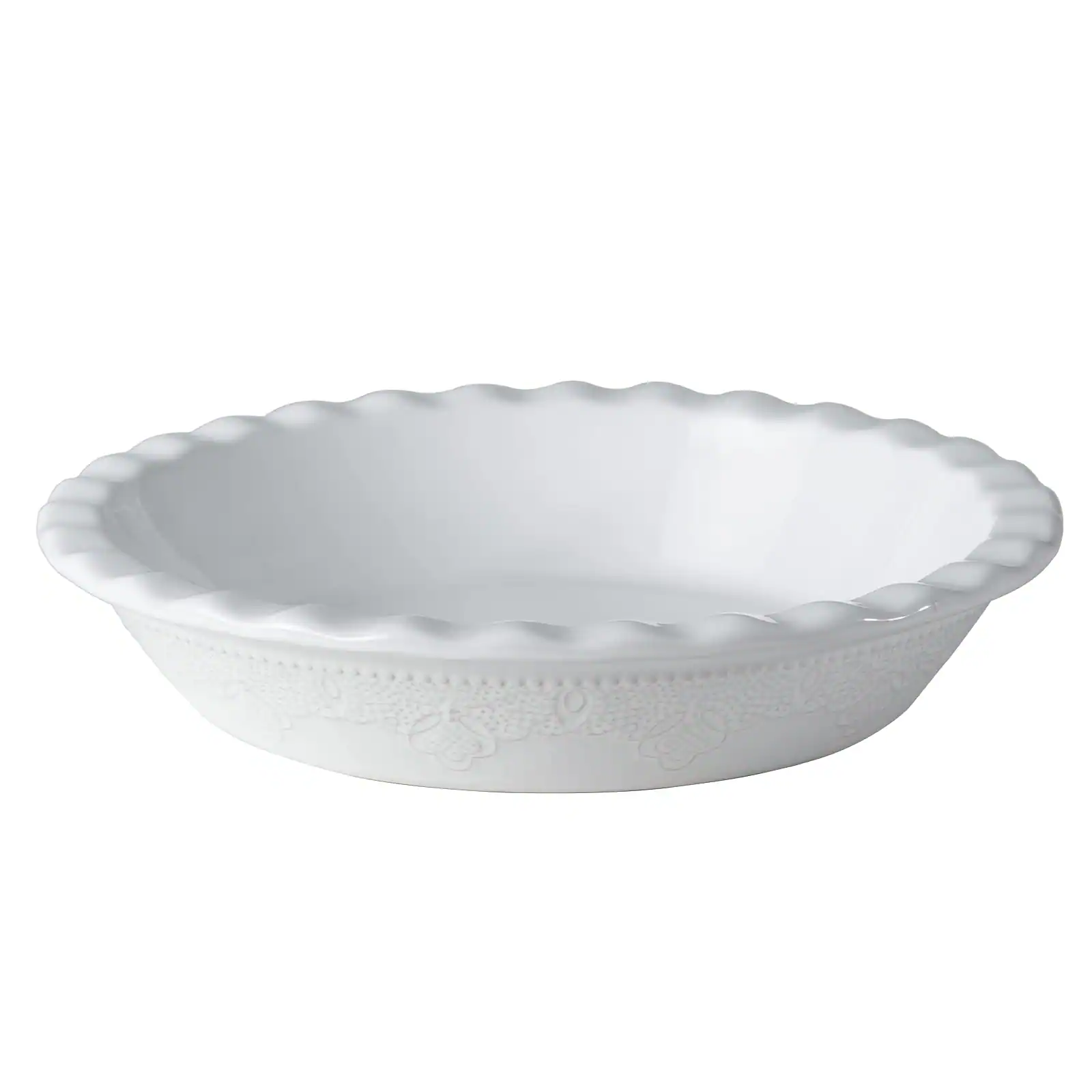 Front. PARKER SLATER - Fun Elements Pie Pan 9 Inch Ceramic Dish Deep With Lace Emboss Ruffled Plate For Baking Thanksgiving Christmas Gifts.