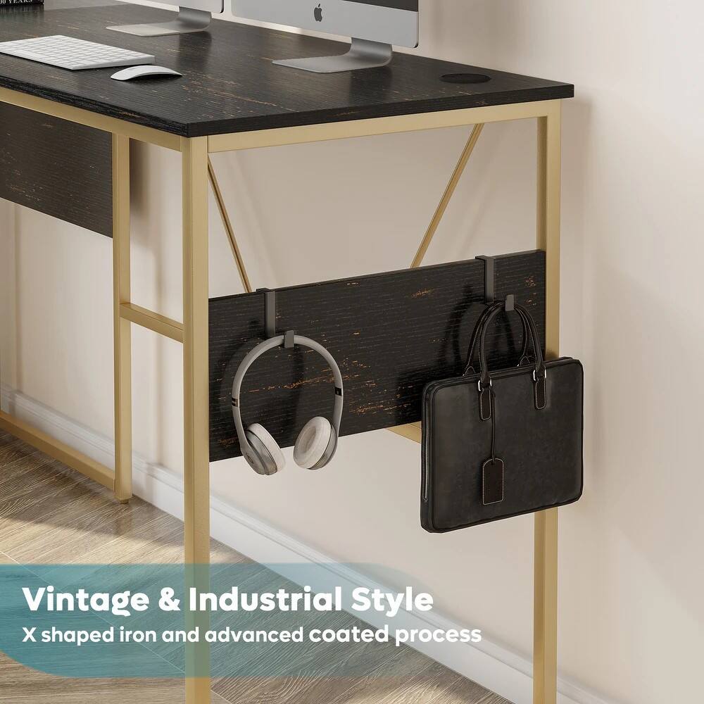 The image features a desk with a computer monitor, keyboard, and mouse on it. There is also a black bag hanging on a shelf, which is part of a Vintage & Industrial Style desk. The desk is made using an X-shaped iron and an advanced coated process.