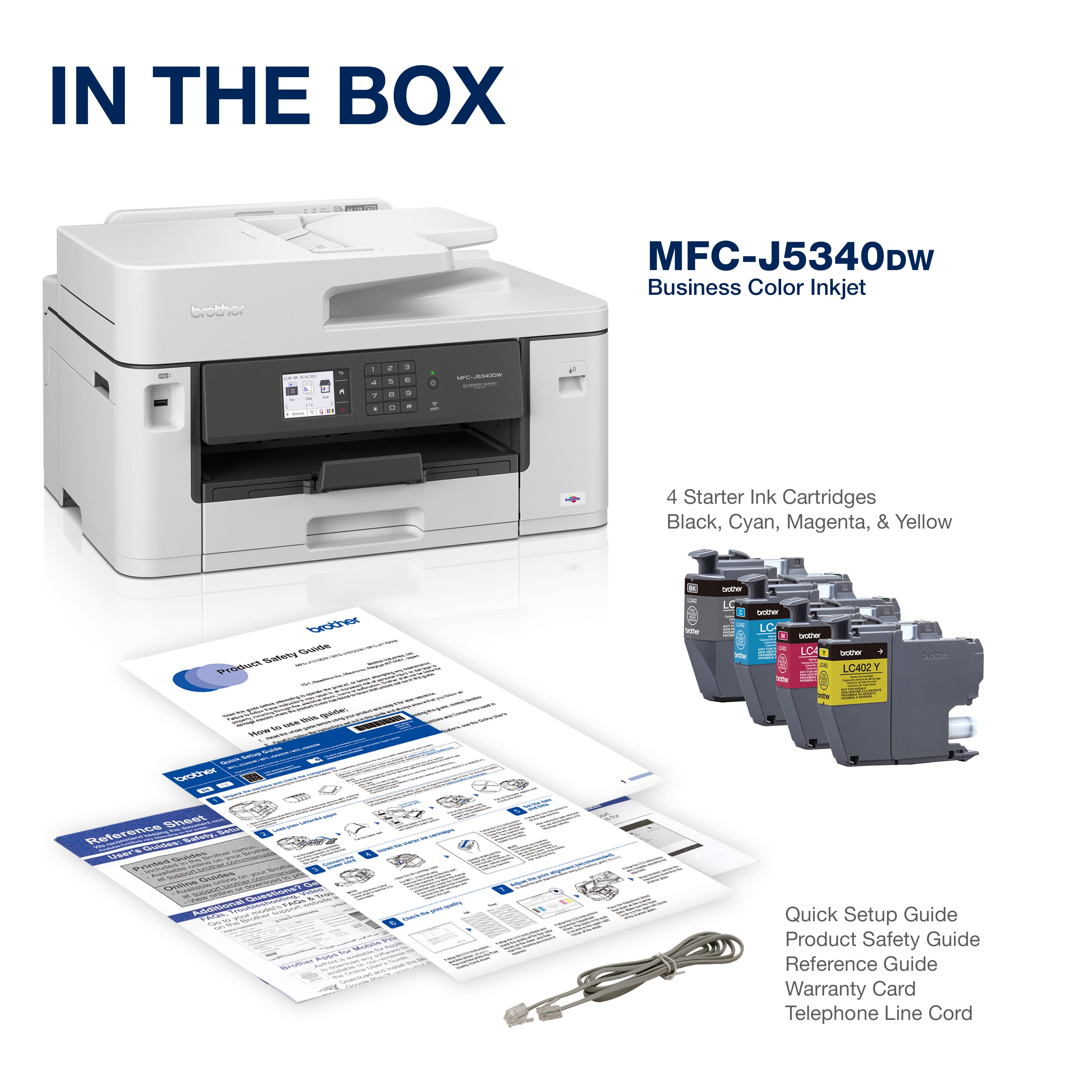 IN THE BOX - o C MFC-J5340DW Business Color Inkjet Printer & 4 Starter Ink Cartridges Black, Cyan, Magenta, & Yellow.