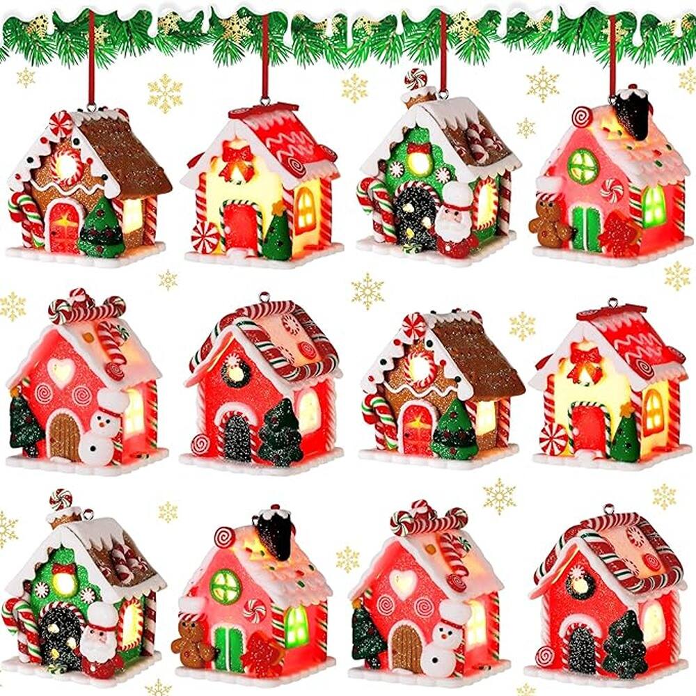 Schertz - Set of 12 LED Gingerbread House Ornaments – Sparkling Holiday Christmas Tree Decorations - multicolored