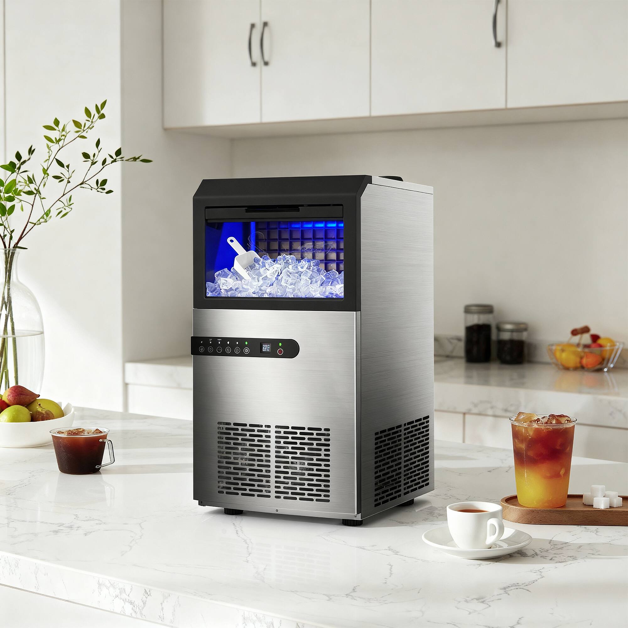 Left. Vaczon - Commercial Ice Maker 120 lbs Day Freestanding Ice Machine with 28 lbs Storage Stainless Steel for Bar Restaurant Office - Stainless Steel.