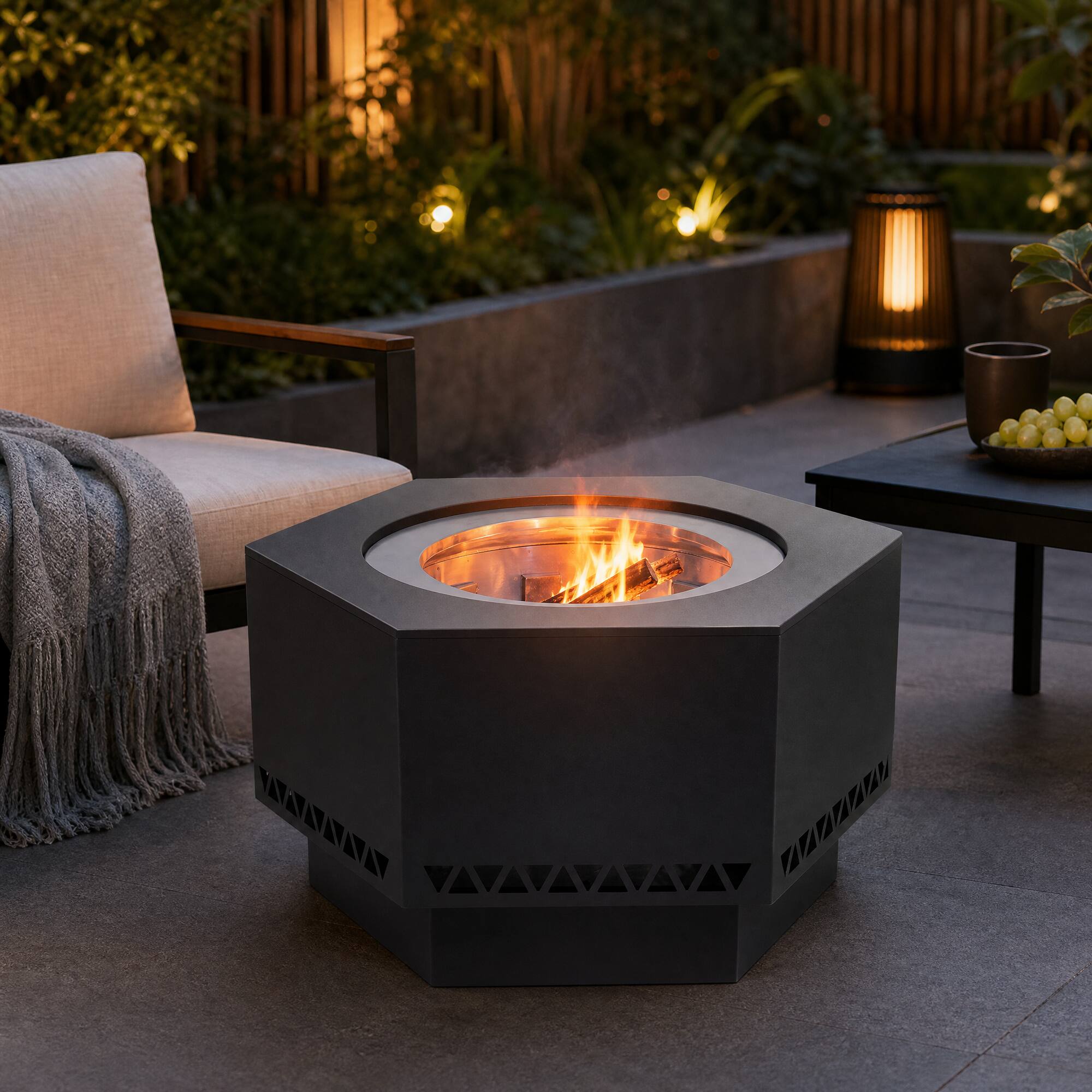 Front. SUNJOY - 28 in Extra‑Tall Hex Smokeless Wood‑Burning Fire Pit with Ash Pan, PVC Cover & Fire Poker for Patio, Camping & Backyard.