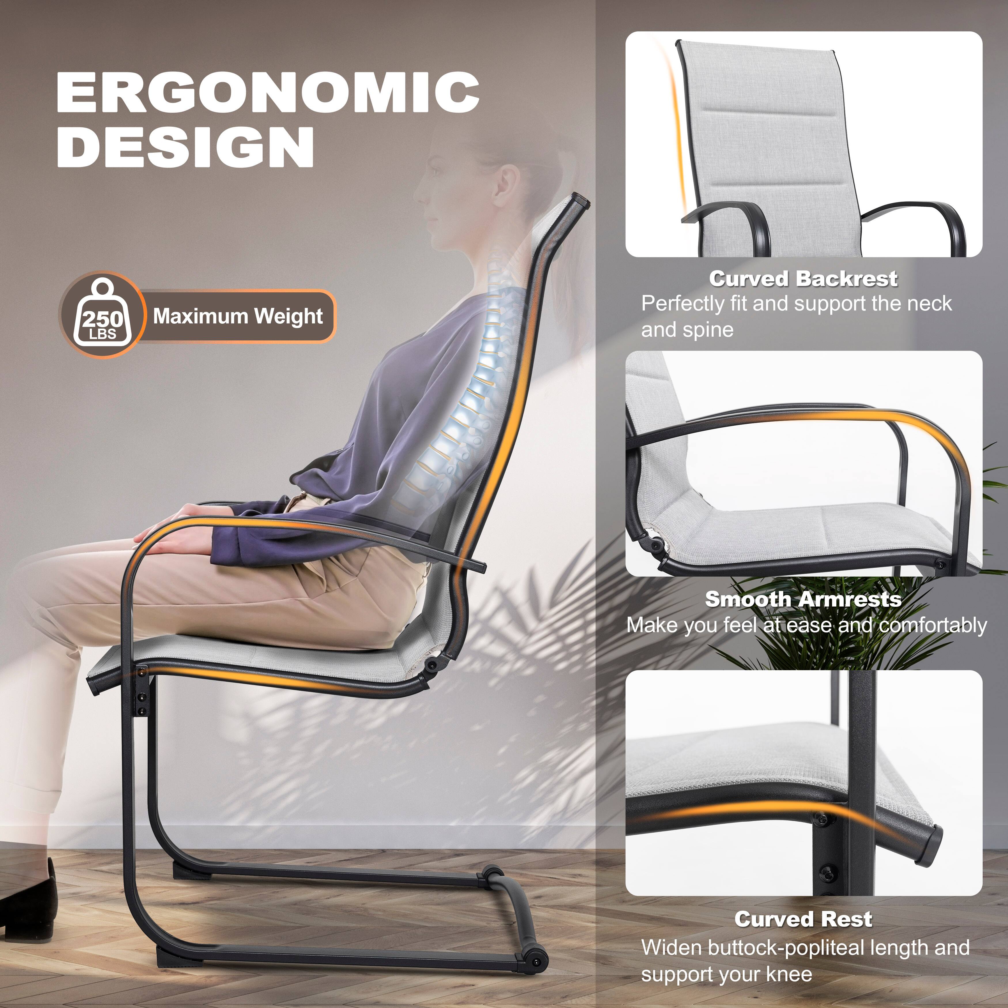 ERGONOMIC DESIGN

- Maximum Weight: 250 LBS

- Curved Backrest: Perfectly fit and support the neck and spine

- Smooth Armrests: Make you feel at ease and comfortably

- Curved Rest: Widen buttock-popliteal length and support your knee