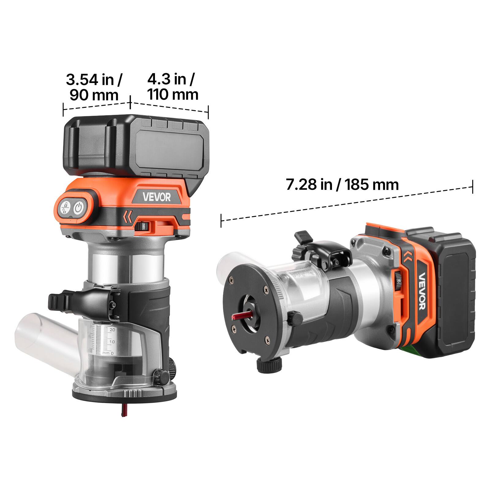3.54 in / 90 mm  
4.3 in / 110 mm  
7.28 in / 185 mm  
20 10 mm  
VEVOR