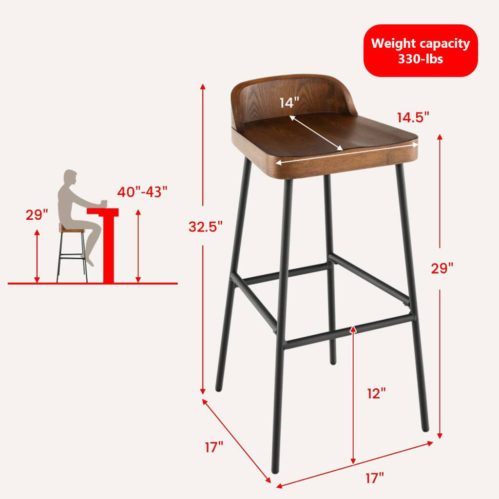 Weight capacity: 330-lbs

Dimensions:
- Seat width: 14"
- Seat depth: 14.5"
- Seat height: 29"
- Overall height: 40"-43"
- Backrest height: 32.5"
- Base width: 29"
- Base depth: 17"
- Base height: 12"