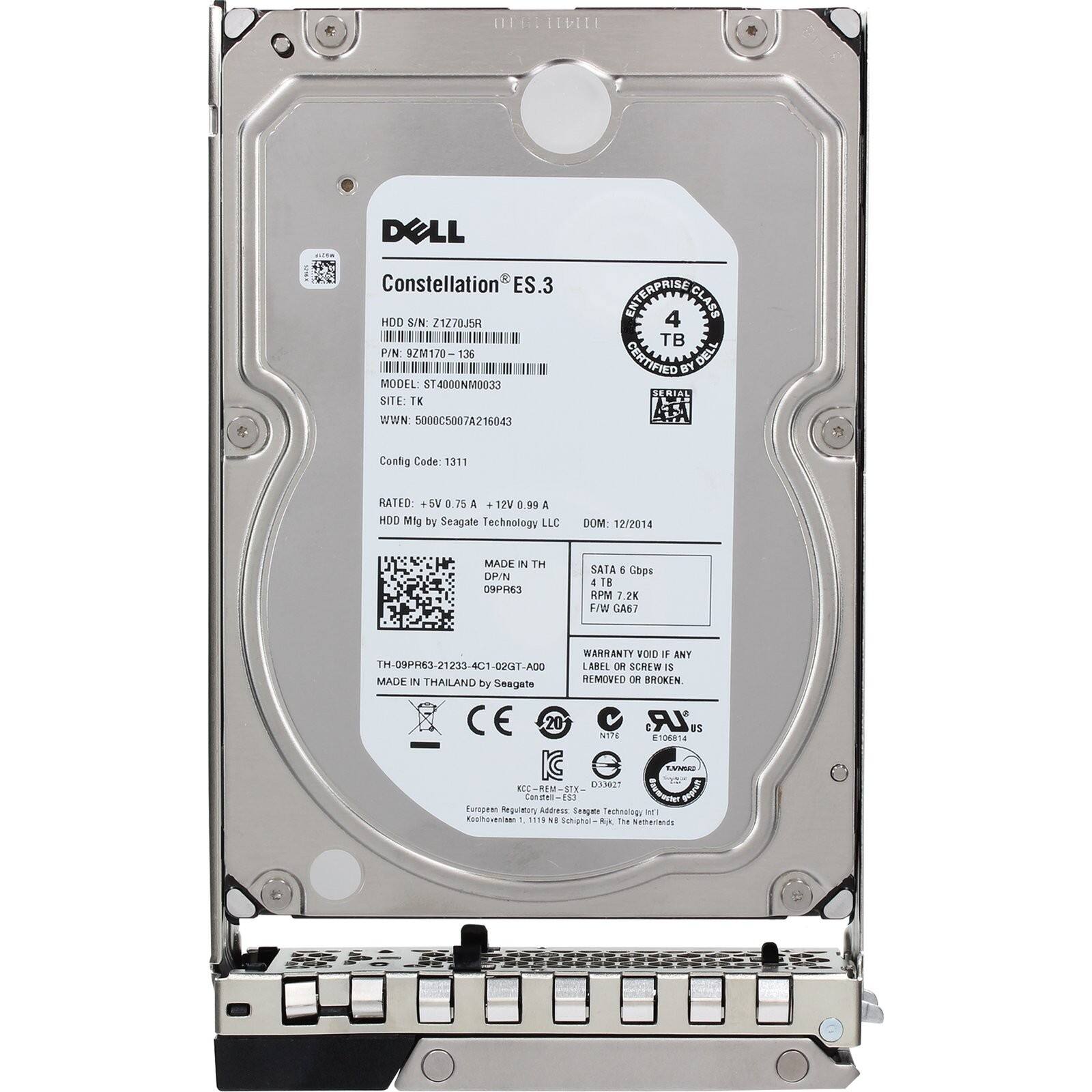 DELL Constellation ES.3  
HDD S/N: 21Z70158  
P/N: 92M170-136  
MODEL: ST4000NM0033  
SITE: TK  
WWN: 5000C5007A216043  
ENTERPRISE CLASS 4 TB  
CERTIFIED BY DELL  
Serial Code: 1311  
RATED: +5V 0.76 A, +12V 0.99 A  
HDD M5g by Seagate Technology LLC  
DOM: 12/2014  
MADE IN THAILAND  
DIP/N: 09PR63  
SATA 6 Gbps  
RPM: 7.2K  
FW: GA67  
WARRANTY VOID IF ANY REMOVED OR BROKEN  
BNY TM.09PH83-21233-401-02GT-AD0  
LANFI  
DH SCHEW  
MADE IN THAILAND  
REMOVED 3R  
BROKEN by Seagate  
CE 2