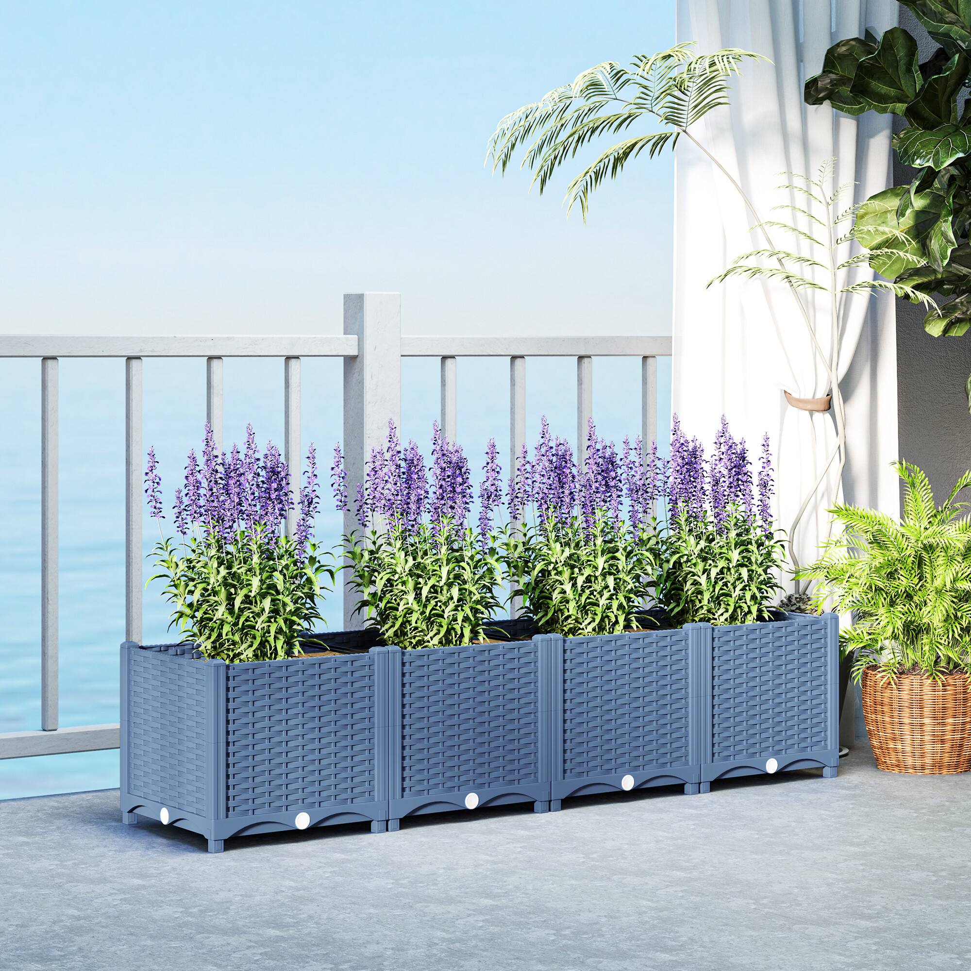 Alt View 1. Outsunny - 5 x 1 x 1 ft Raised Garden Bed, Indoor Outdoor Plastic Planter Box with Drainage Holes, Drain Plugs and Water Reservoirs - Blue.