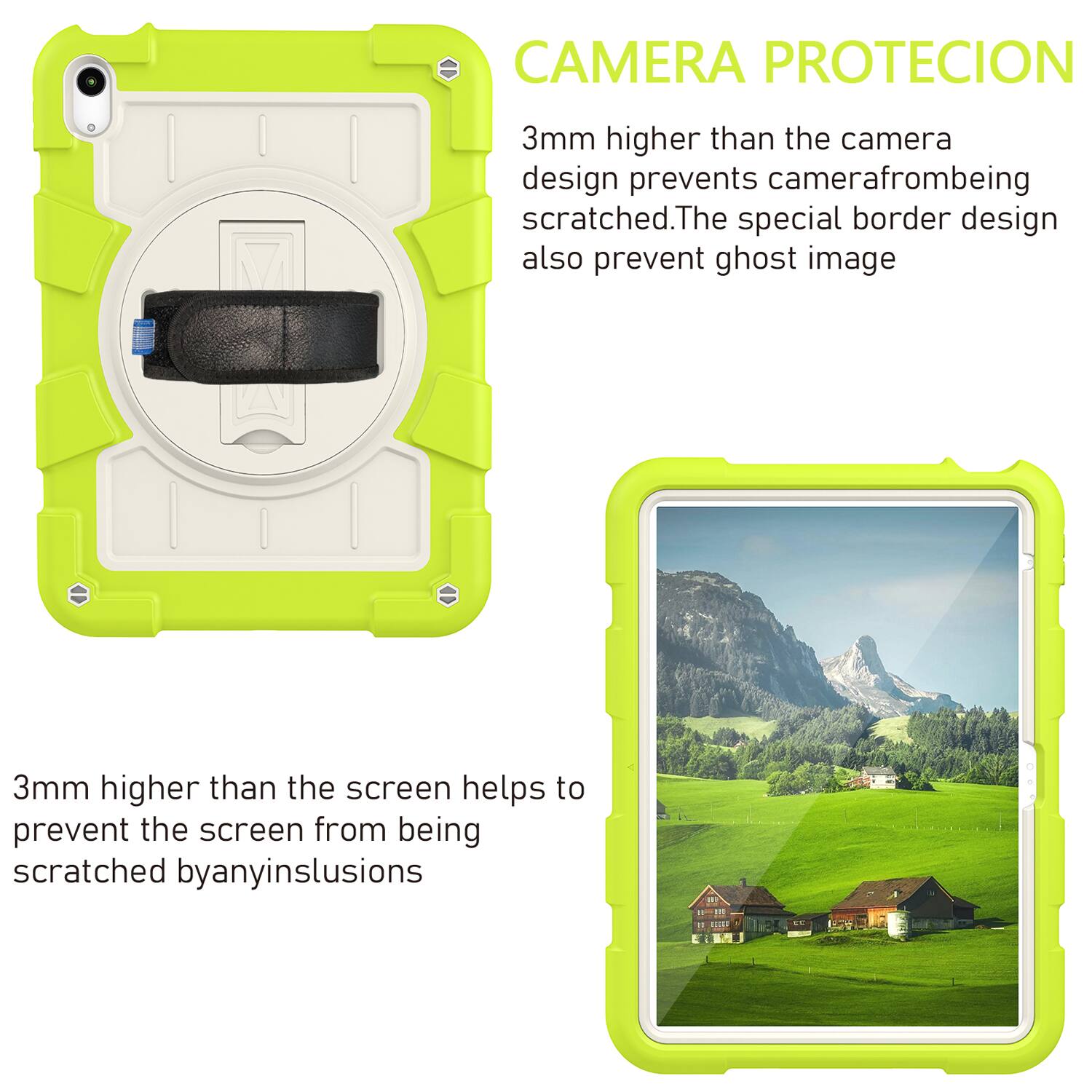 CAMERA PROTECION  
3mm higher than the camera design prevents camera from being scratched. The special border design also prevents ghost image.  

3mm higher than the screen helps to prevent the screen from being scratched by any inclusions.