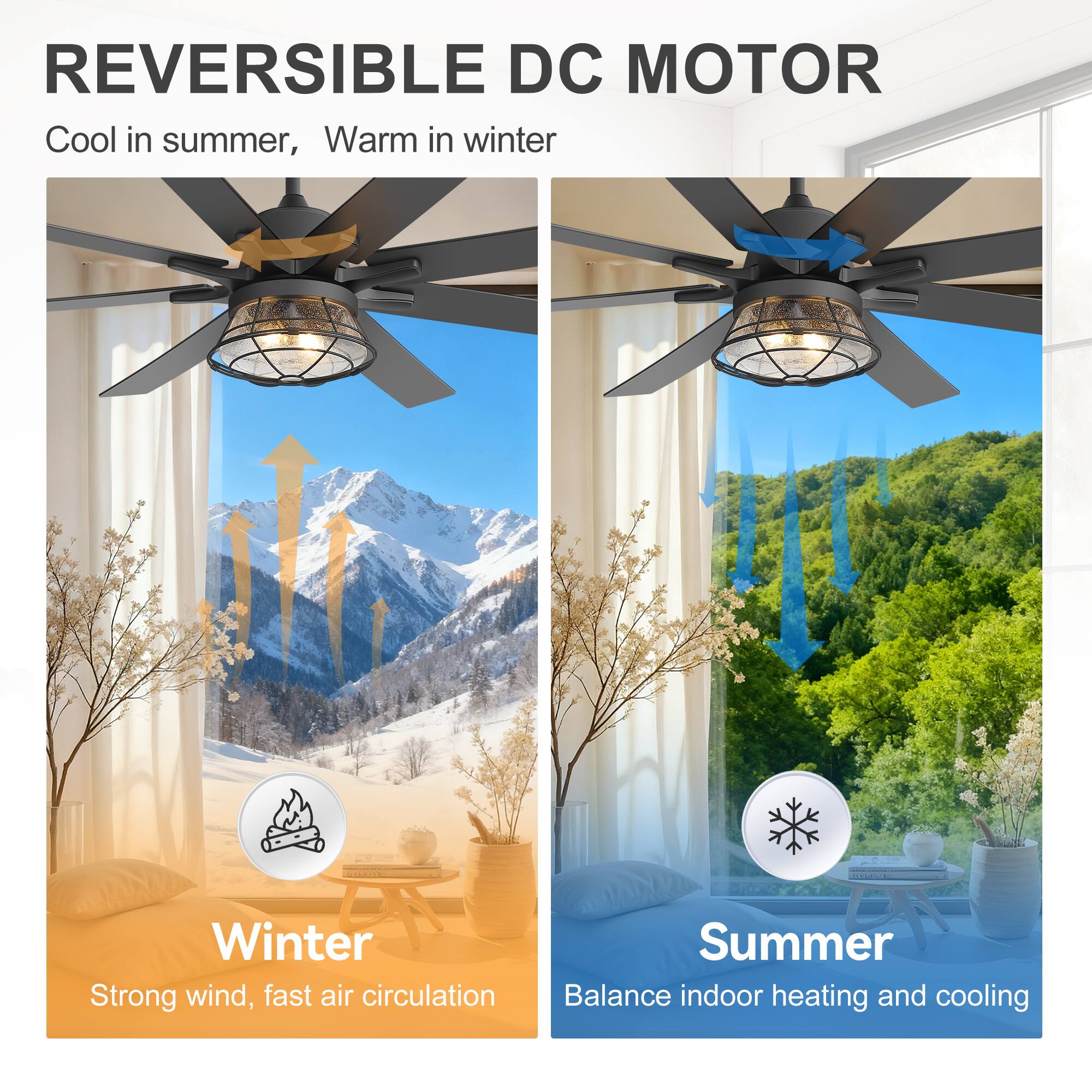 REVERSIBLE DC MOTOR  
Cool in summer, Warm in winter  

Winter  
Strong wind, fast air circulation  

Summer  
Balance indoor heating and cooling