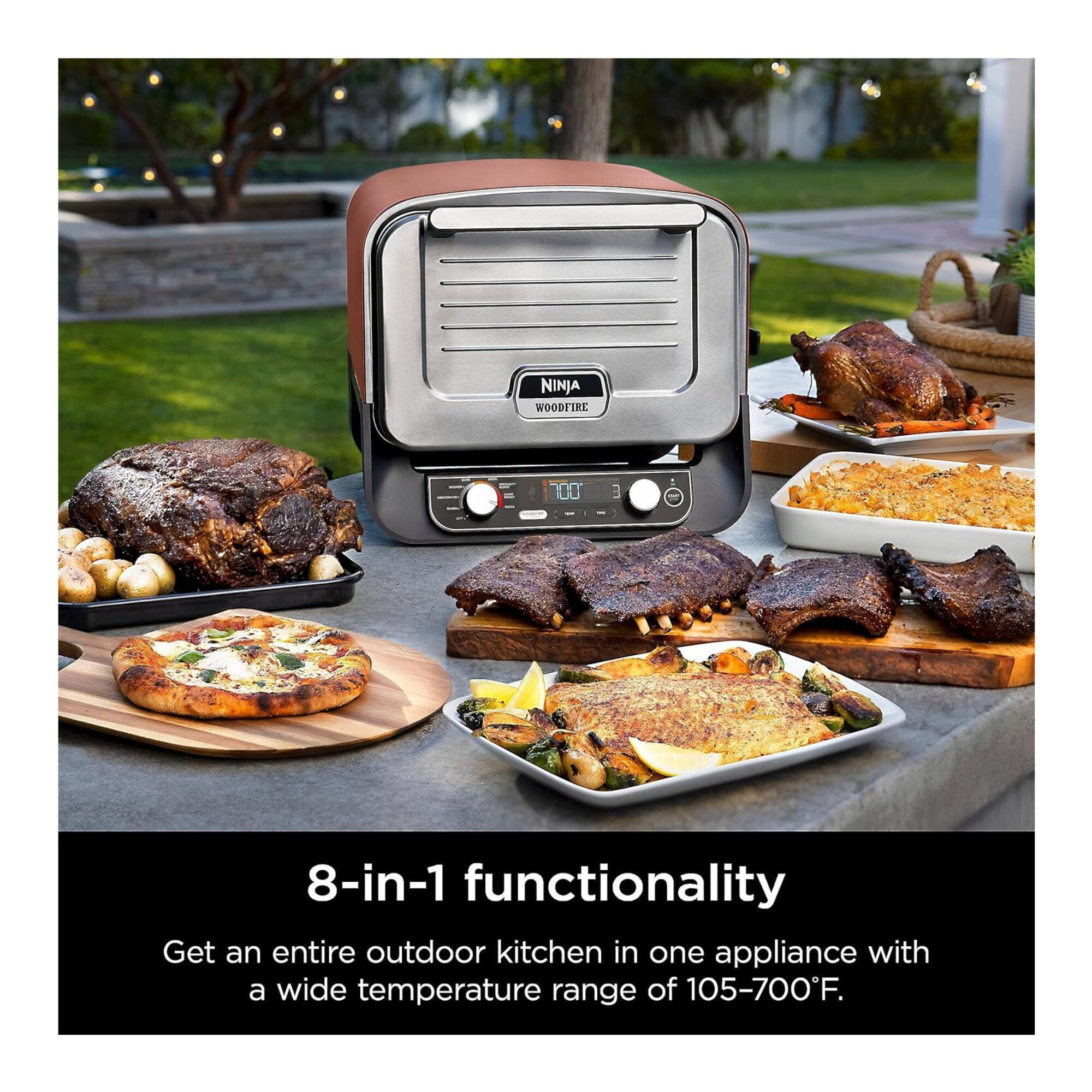 NINJA WOODFIRE 8-in-1 functionality  
Get an entire outdoor kitchen in one appliance with a wide temperature range of 105-700°F.