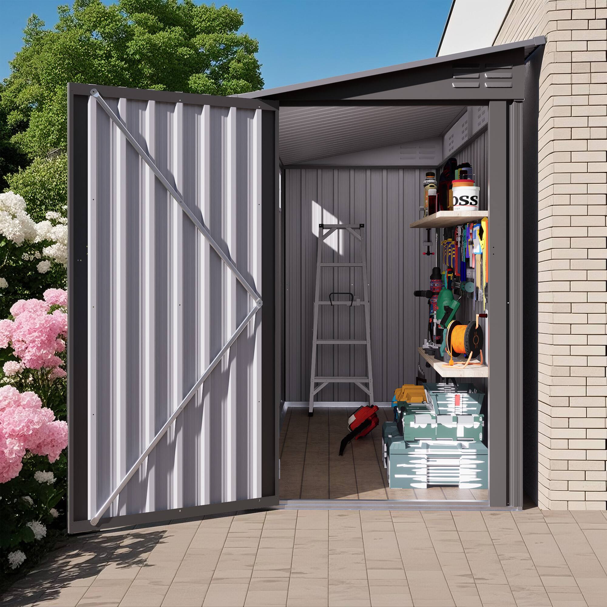 Front. APRILSOUL - 4 x 9 FT Outdoor Storage Shed Metal Garden Shed Tool House with Sloping Roof 2 vents and 1 Side Open Door - Gray.
