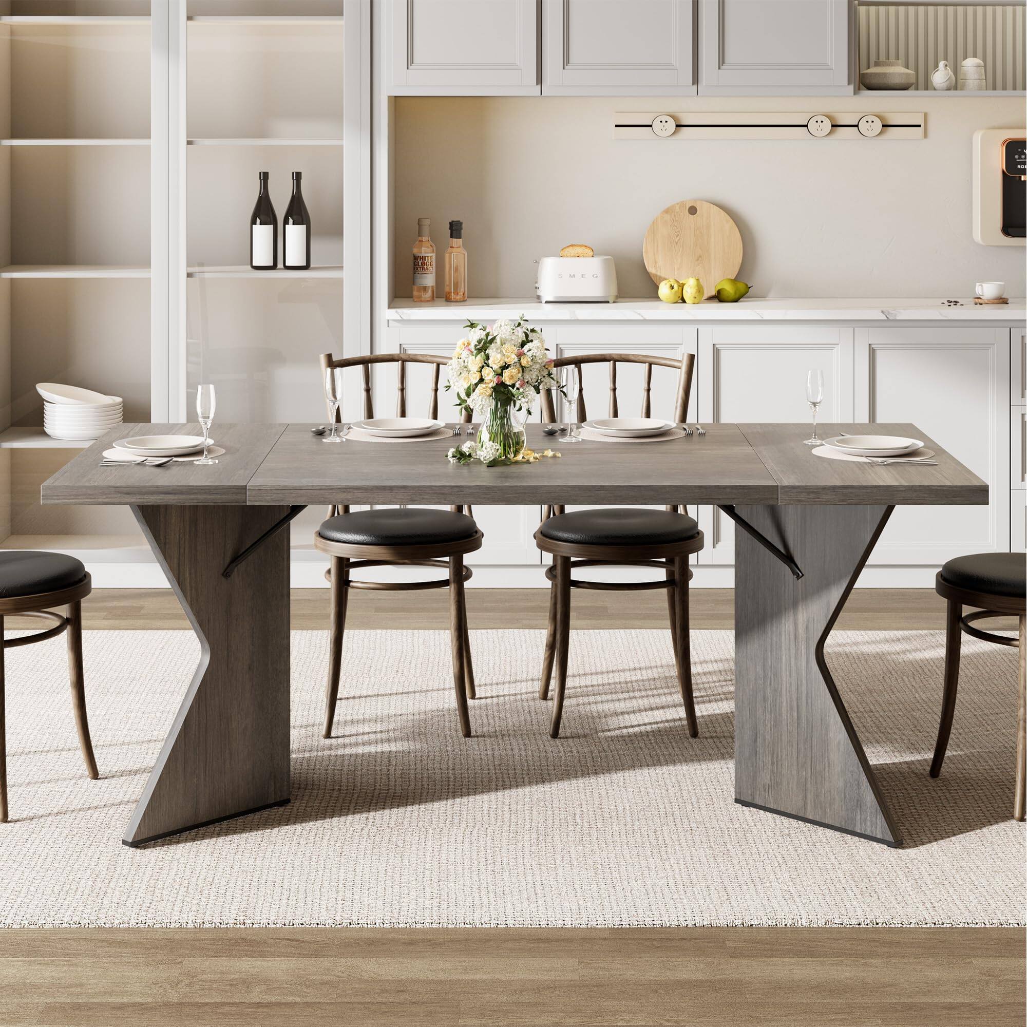 Front. Homhougo - 71 Inch Rectangular Dining Table for 6, Rustic Farmhouse Tall Kitchen Table with Large Tabletop - Gray.