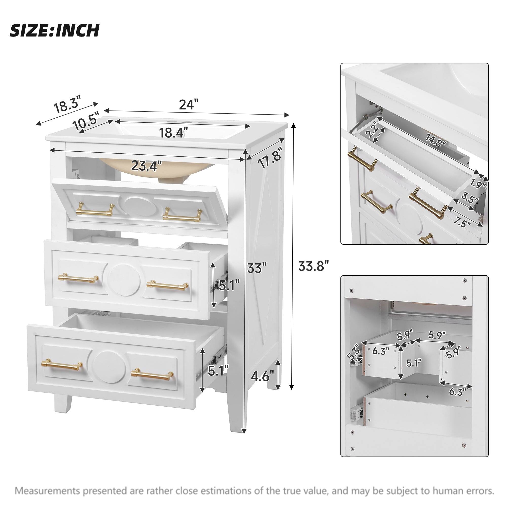 SIZE: INCH

- 18.3"
- 10.5"
- 24"
- 18.4"
- 23.4"
- 17.8"
- 2.2"
- 14.8"
- 1.9"
- 3.5"
- 7.5"
- 33"
- 5.1"
- 33.8"
- 5.1"
- 4.6"
- 3"
- 5.9"
- 5.9"
- 6.3"
- 5.9"
- 5.1"
- 6.3"

Measurements presented are rather close estimations of the true value, and may be subject to human errors.