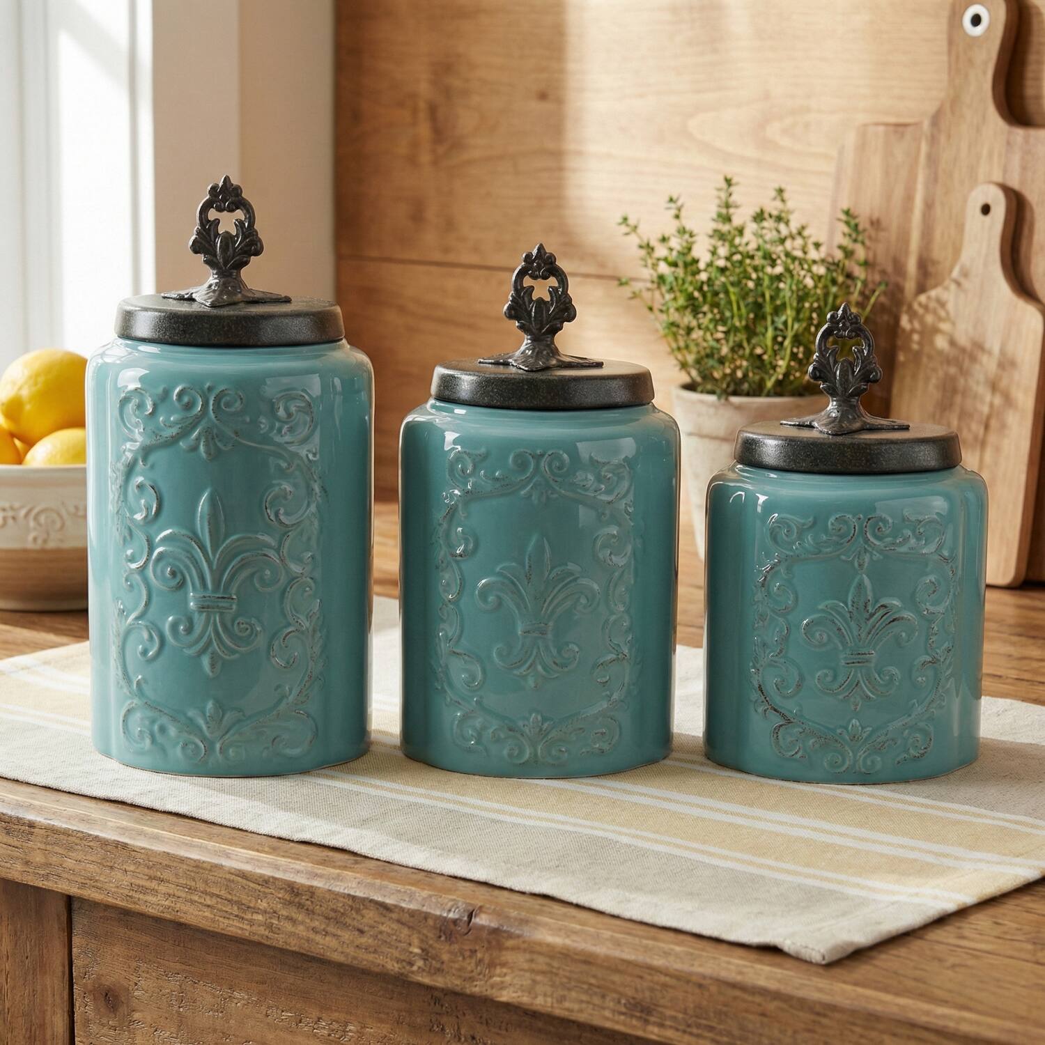 Angle. American Atelier - Blue Antique Set of 3 Canister.
