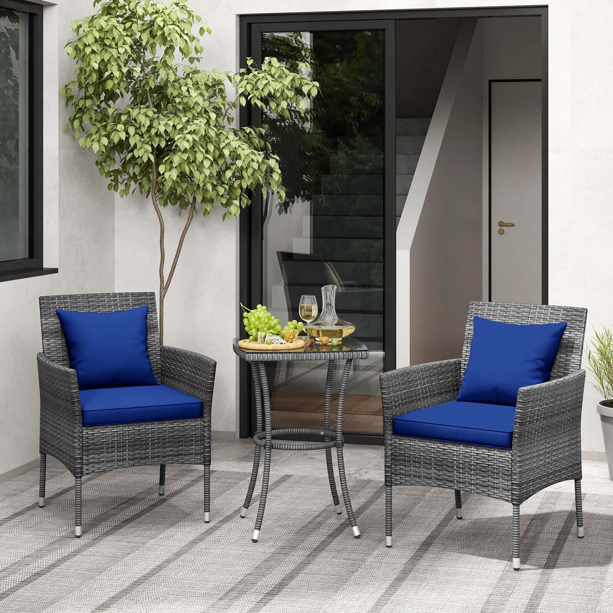 Alt View 1. Costway - 3 PCS Patio Furniture Set witn Cushioned Patio Chairs & Tempered Glass Coffee Table - Navy + Mix Grey.